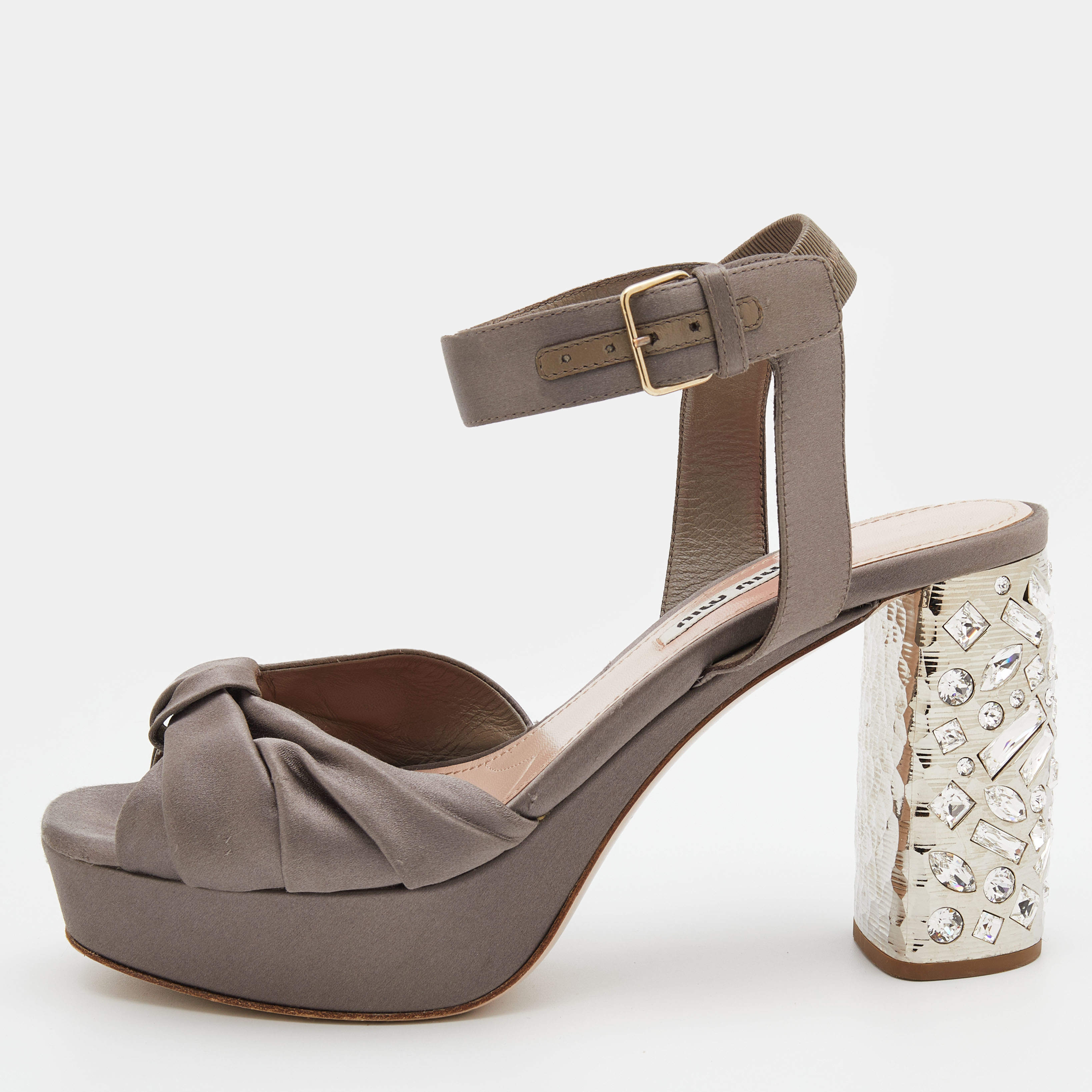 Miu Miu Grey Satin Crystal Embellished Block Heel Platform Ankle Strap Sandals Size 39
