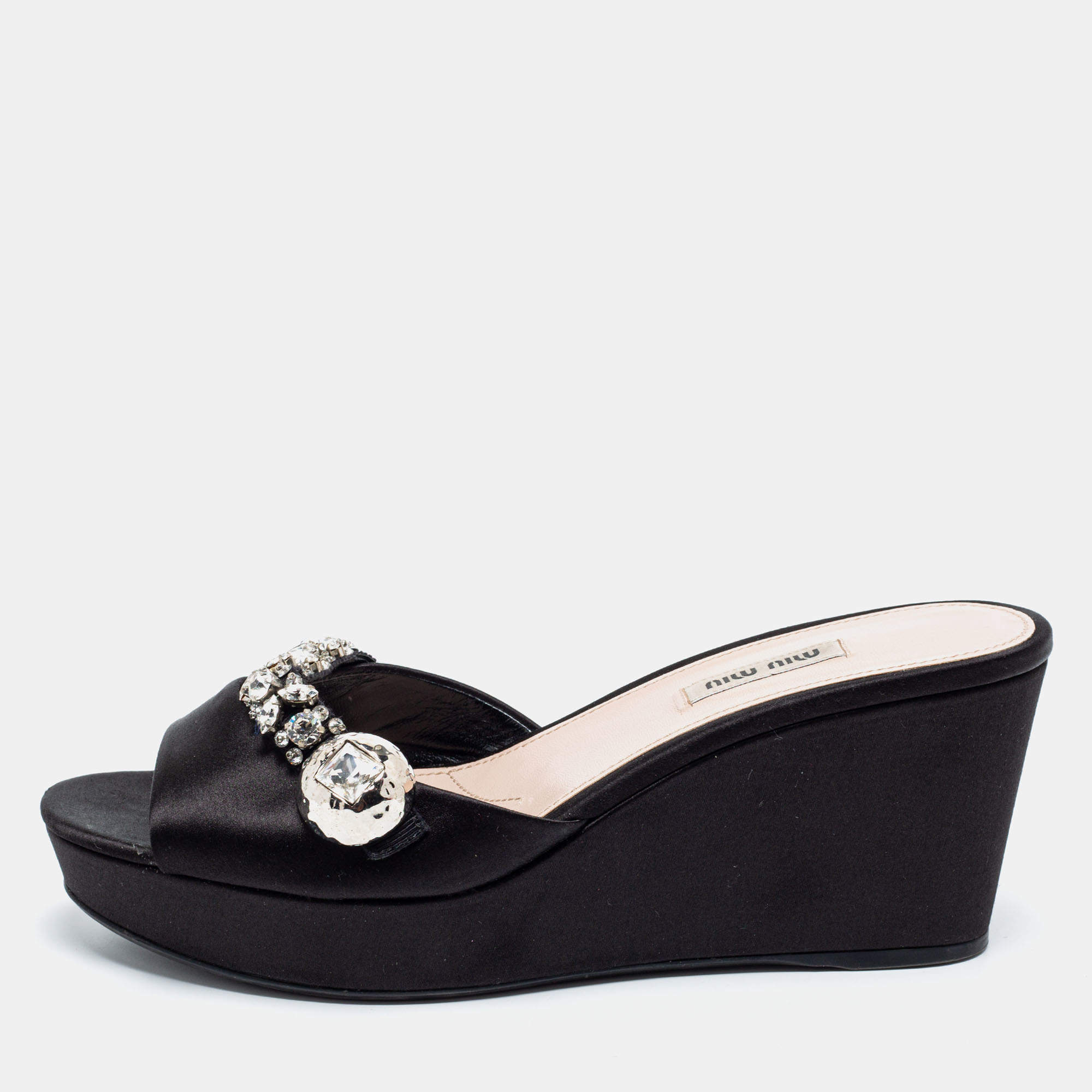 Miu Miu Black Satin Crystal Embellished Wedge Platform Open Toe Sandals Size 40