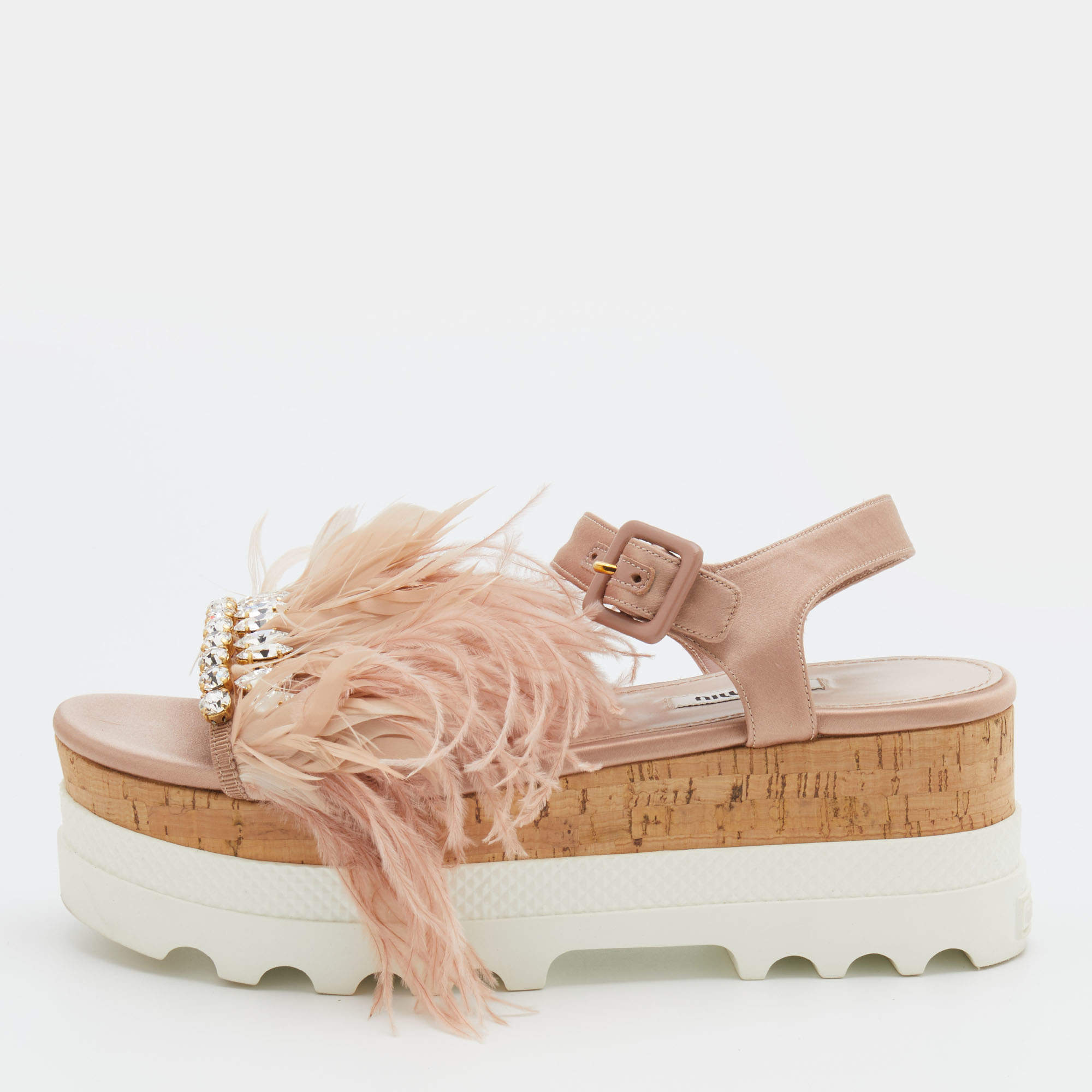 Pre Owned Miu Miu Pink Satin And Feather Crystal Embellished Platform Sandals Size 38.5