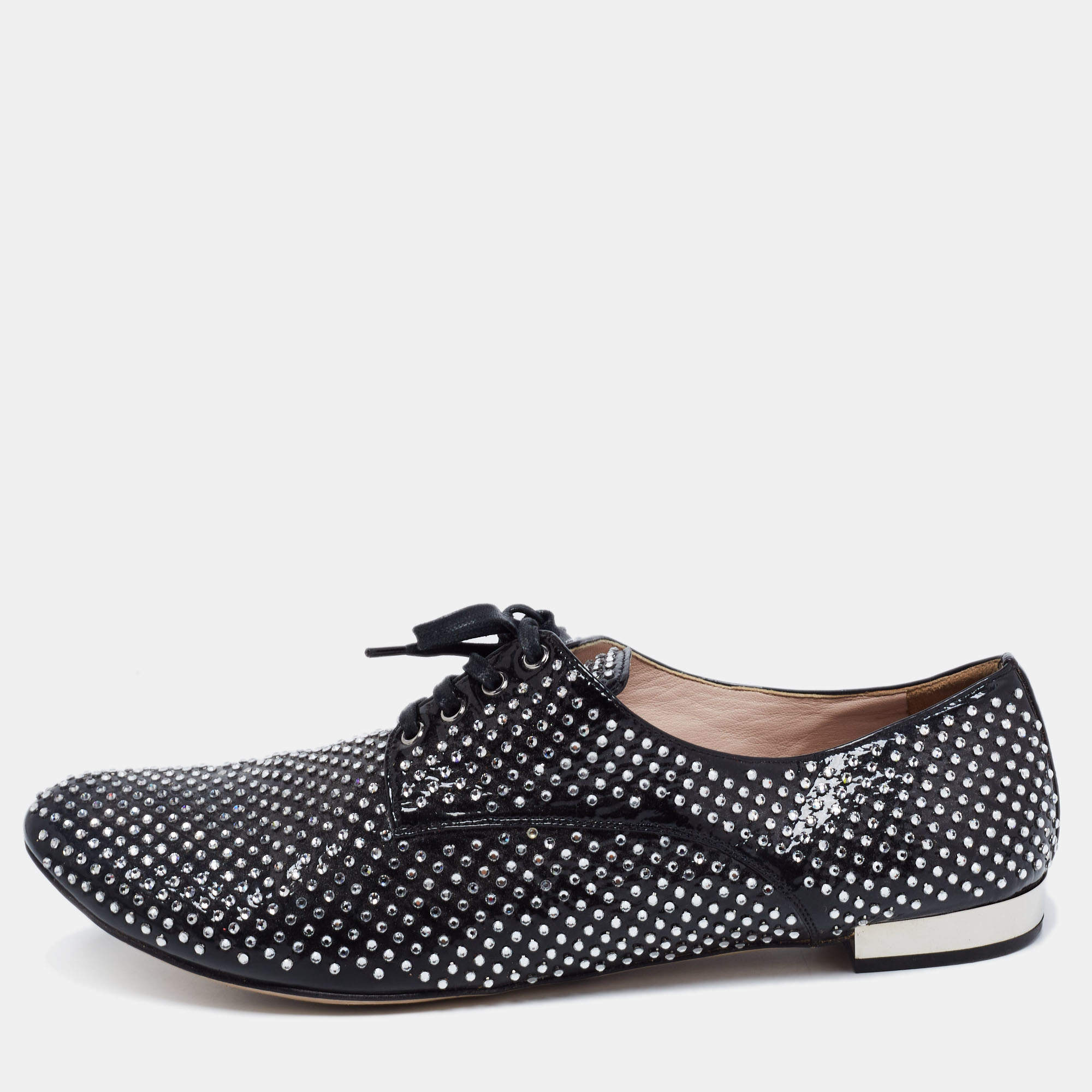 Miu Miu Black Patent Leather Crystal Embellished Lace Up Derby Size 41