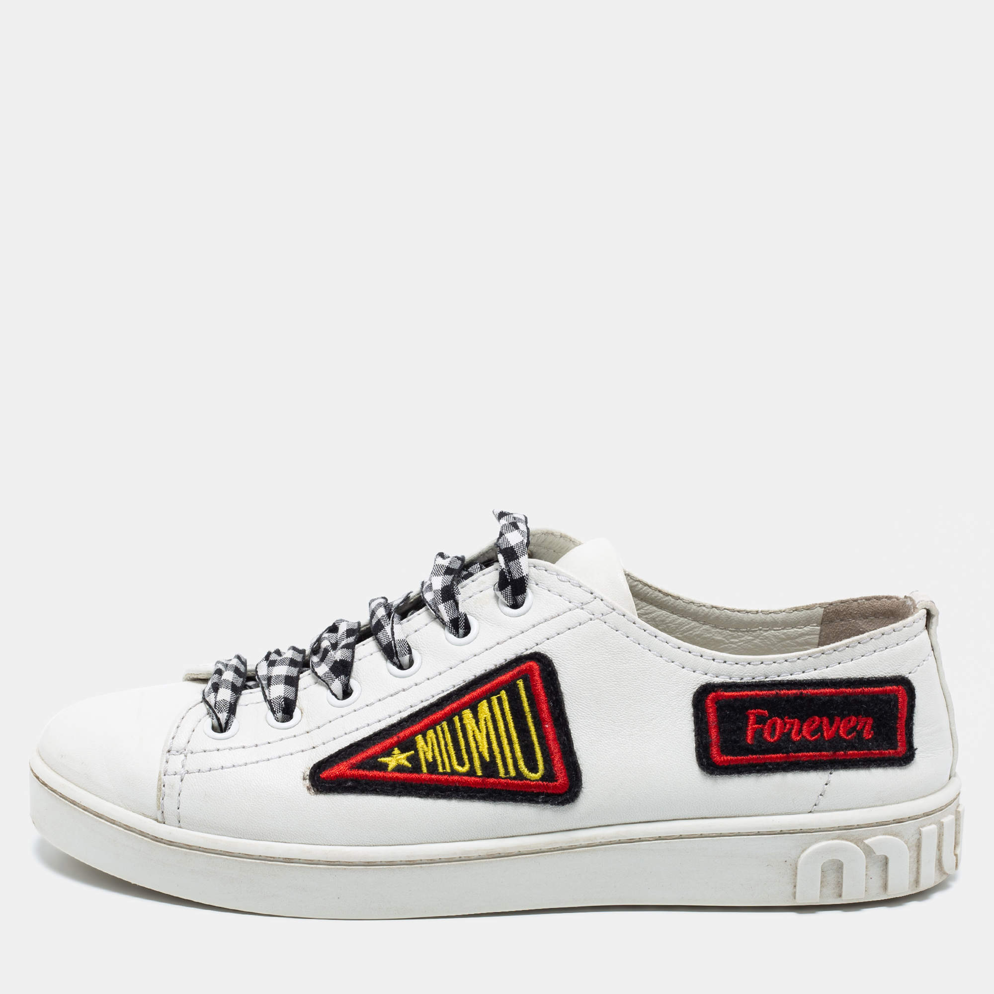Miu Miu White Leather Vichy Gingham Ribbon Lace-Up Sneakers Size 36.5