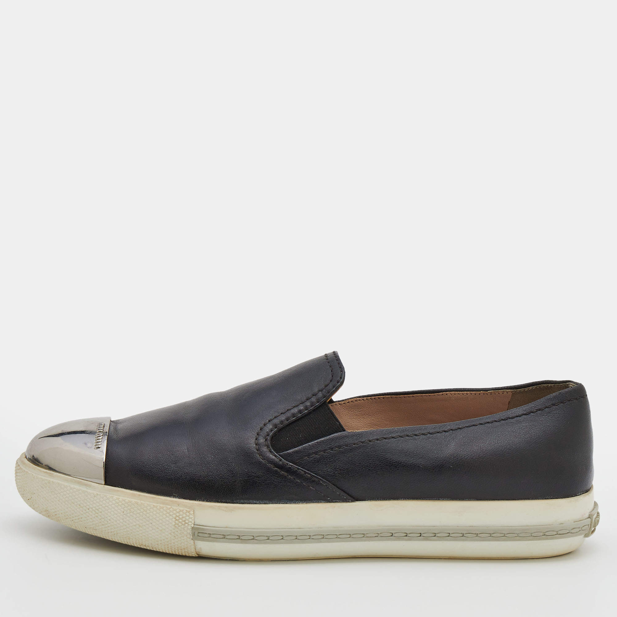 Miu Miu Black Leather Metal Cap Toe Slip On Sneakers Size 38