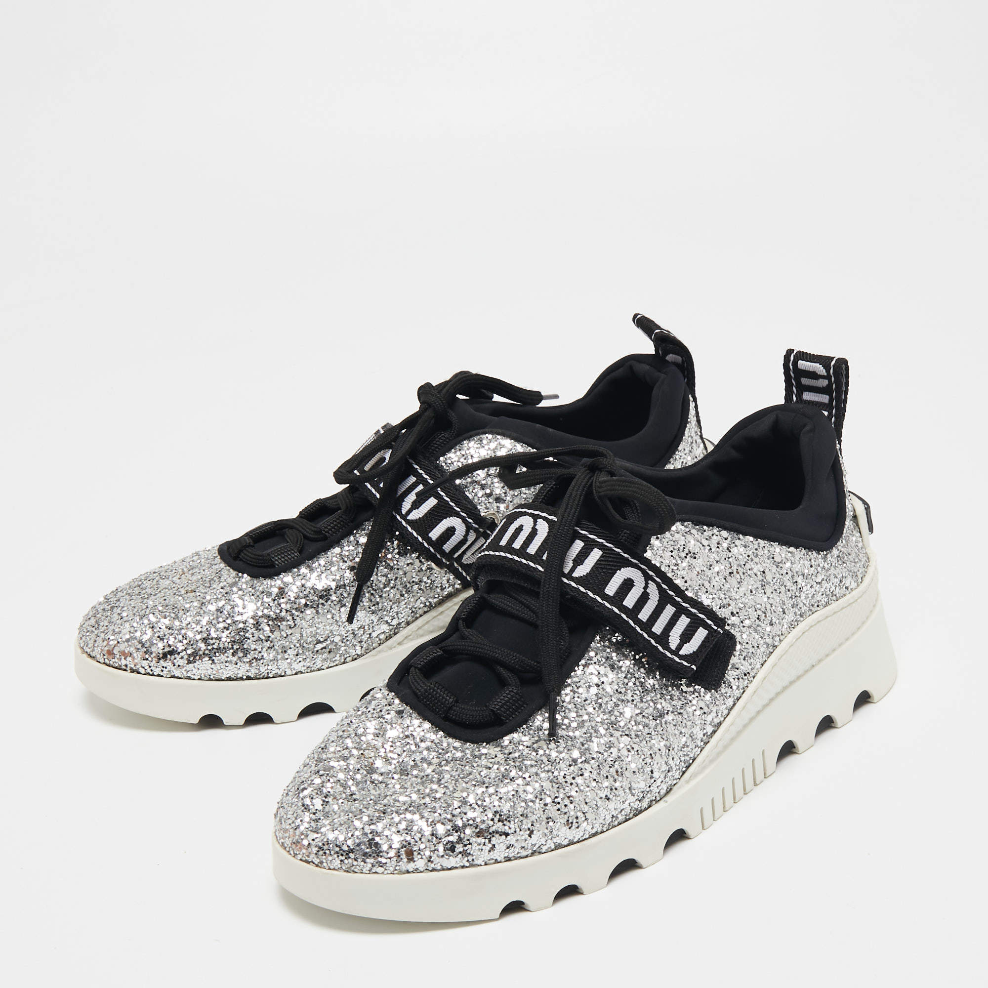 Miu Miu Silver/Black Glitter Lace Up Sneakers Size 39.5