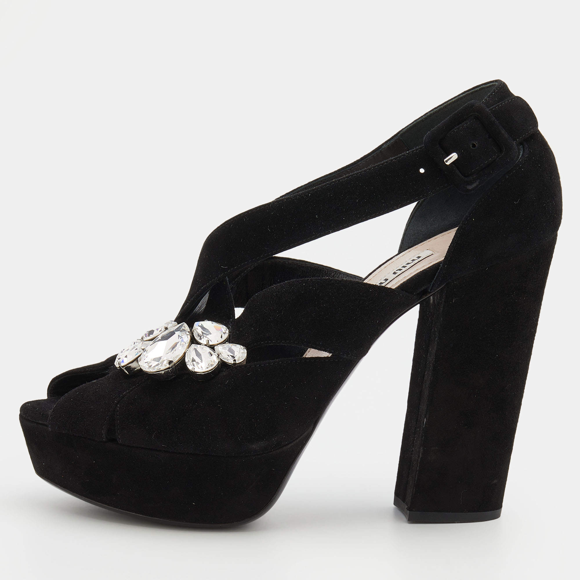 Miu Miu Black Suede Crystal Embellished Platform Sandals Size 38.5