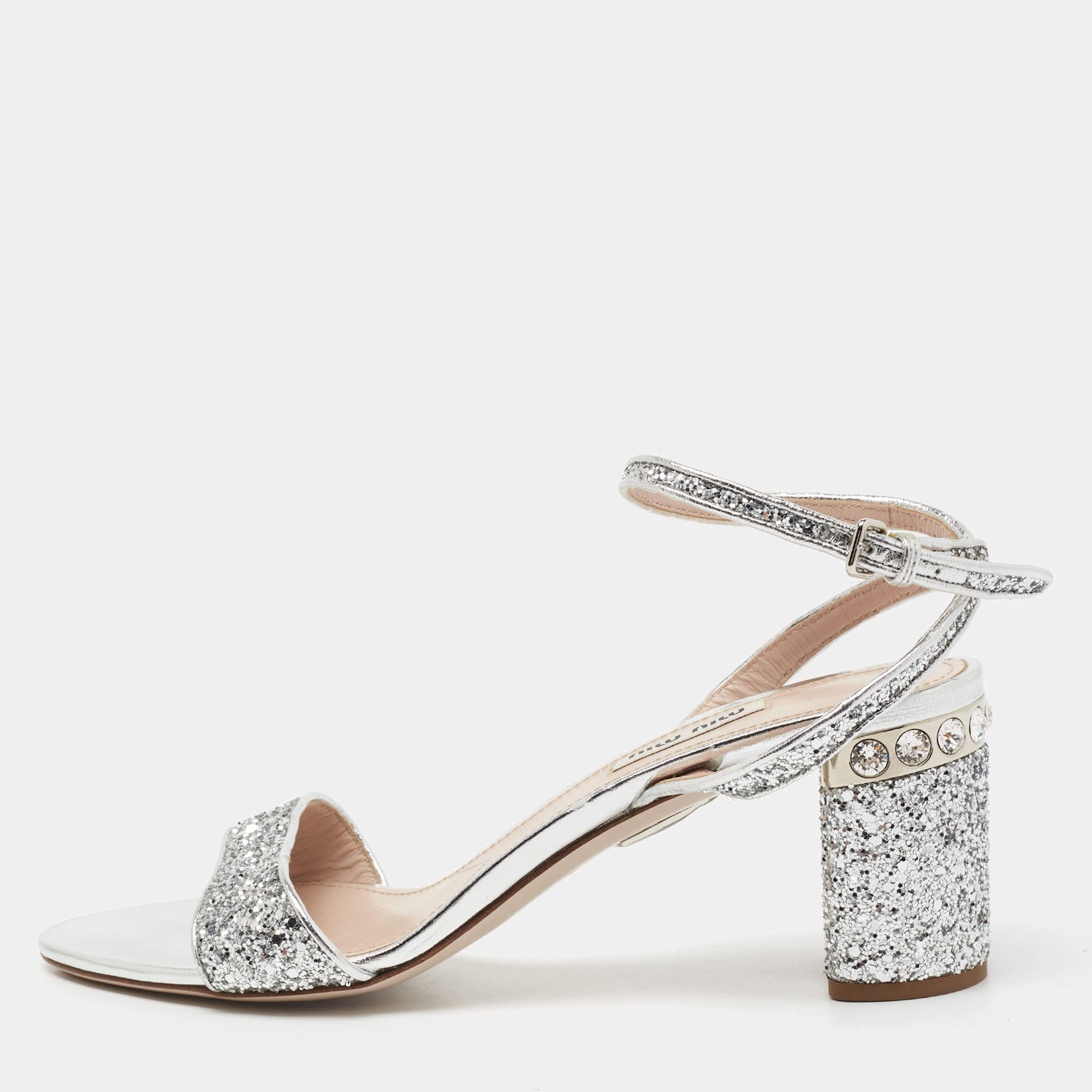 Miu Miu Silver Glitter Ankle Strap Embellished Block Heel Sandals Size 39