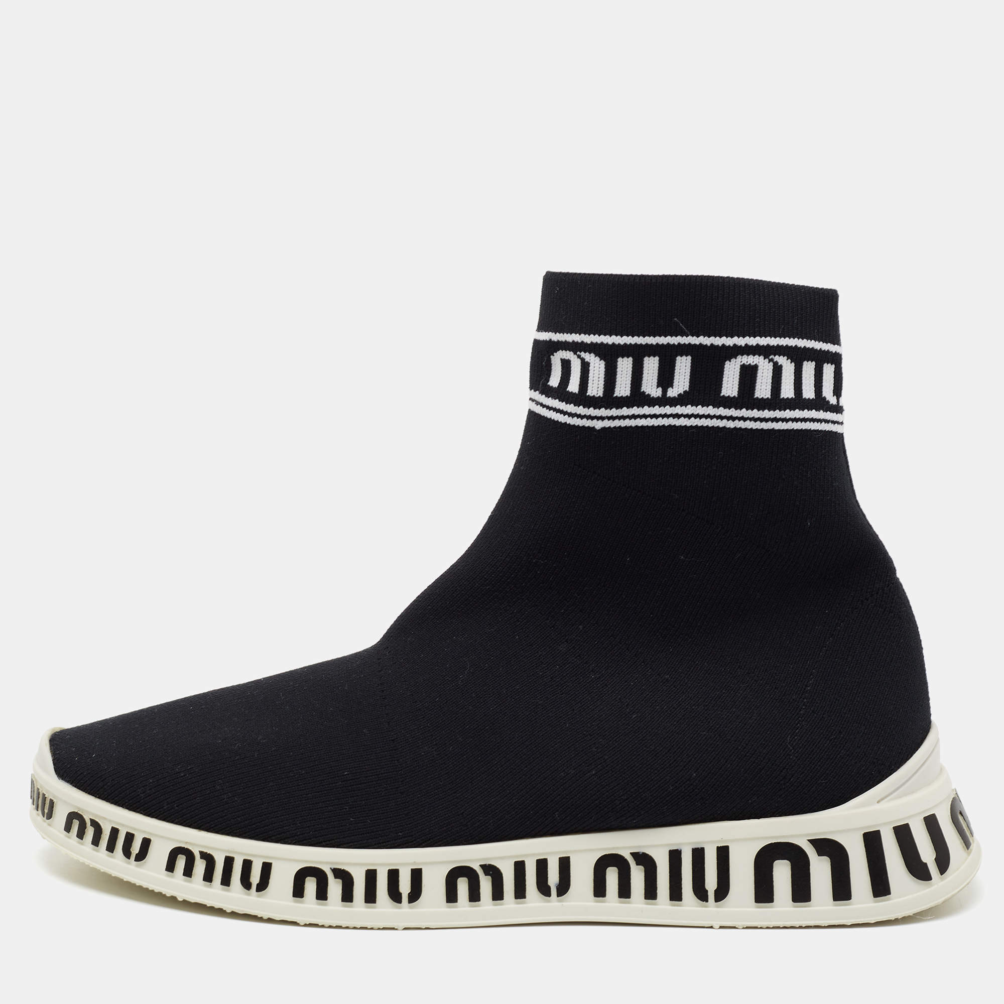 مملوكة مسبقًا Miu Miu  Black Knit Fabric Hight Top Sneakers Size 38