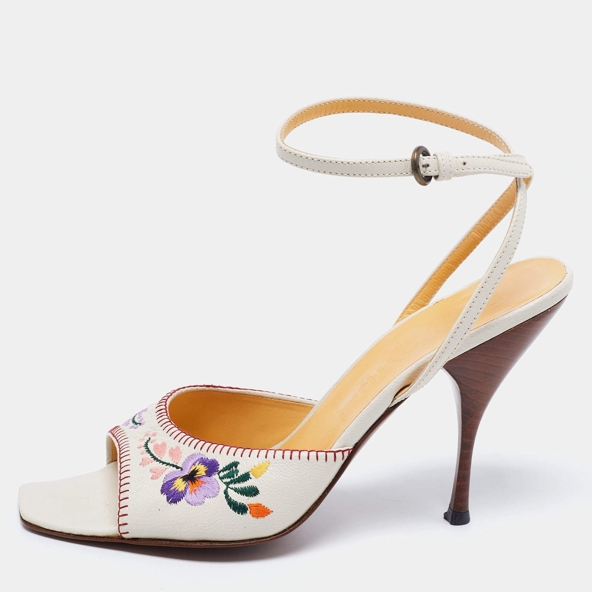 Miu Miu Off-White Leather Floral Embroidery Ankle Strap Sandals Size 39