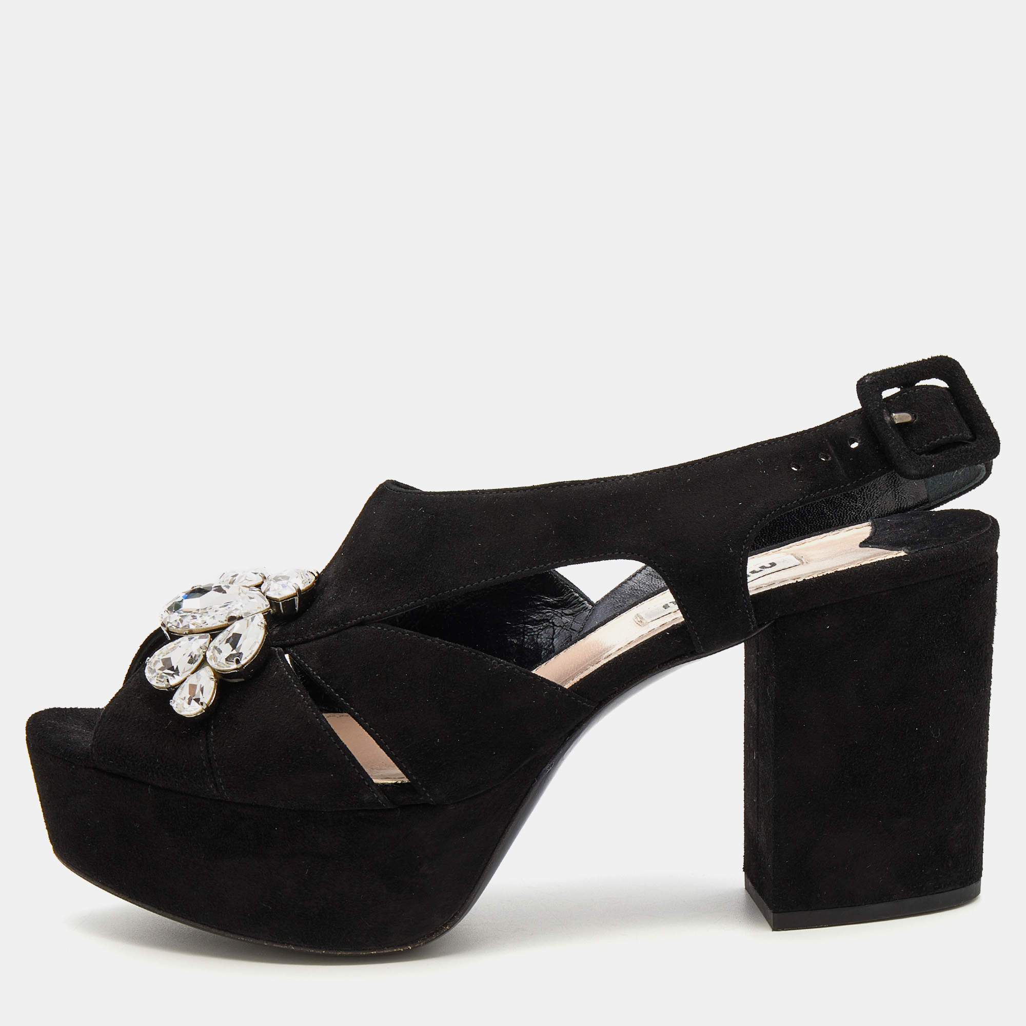 Miu Miu Black Suede Crystal Embellished Block Heel Platform Sandals Size 37.5