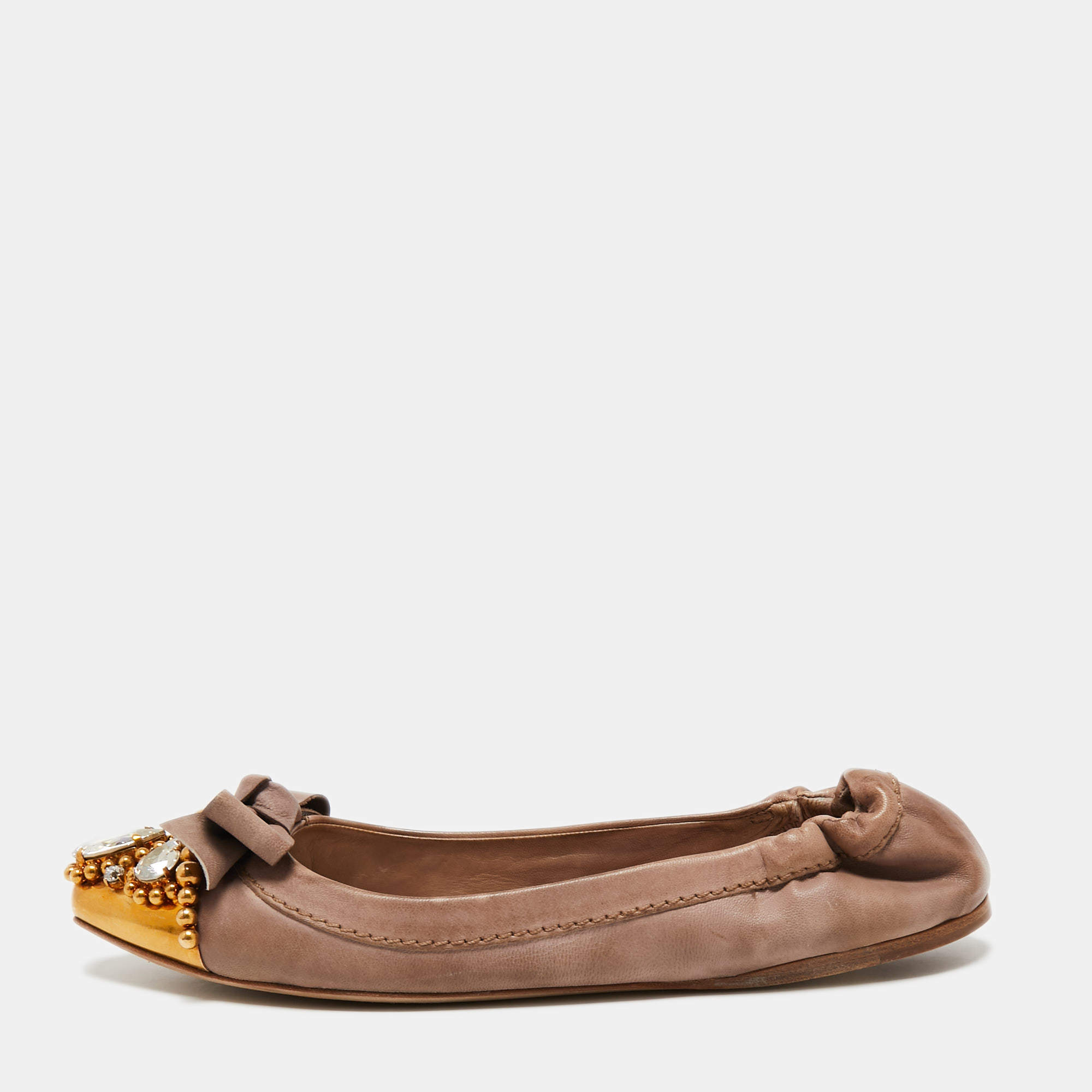 Pre Owned Miu Miu Brown Leather Crystal Embellished Ballet Flats Size 38.5