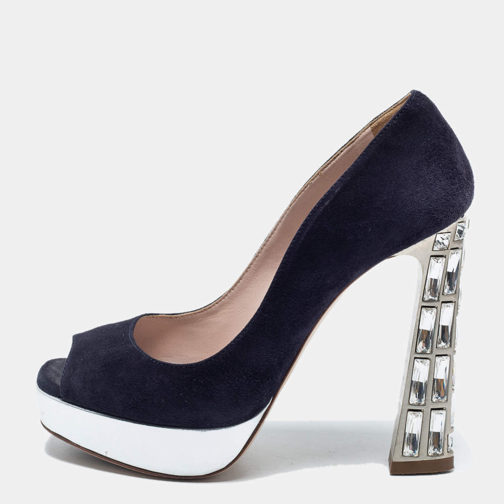 Pre Owned Miu Miu Navy Blue Suede Crystal Heel Peep Toe Platform Pumps Size 36