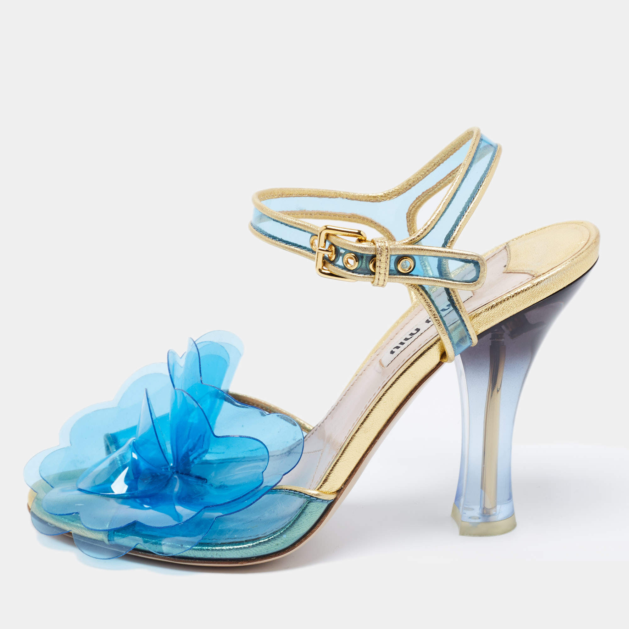 Miu Miu Blue/Gold PVC and Leather Floral Embellished Sandals