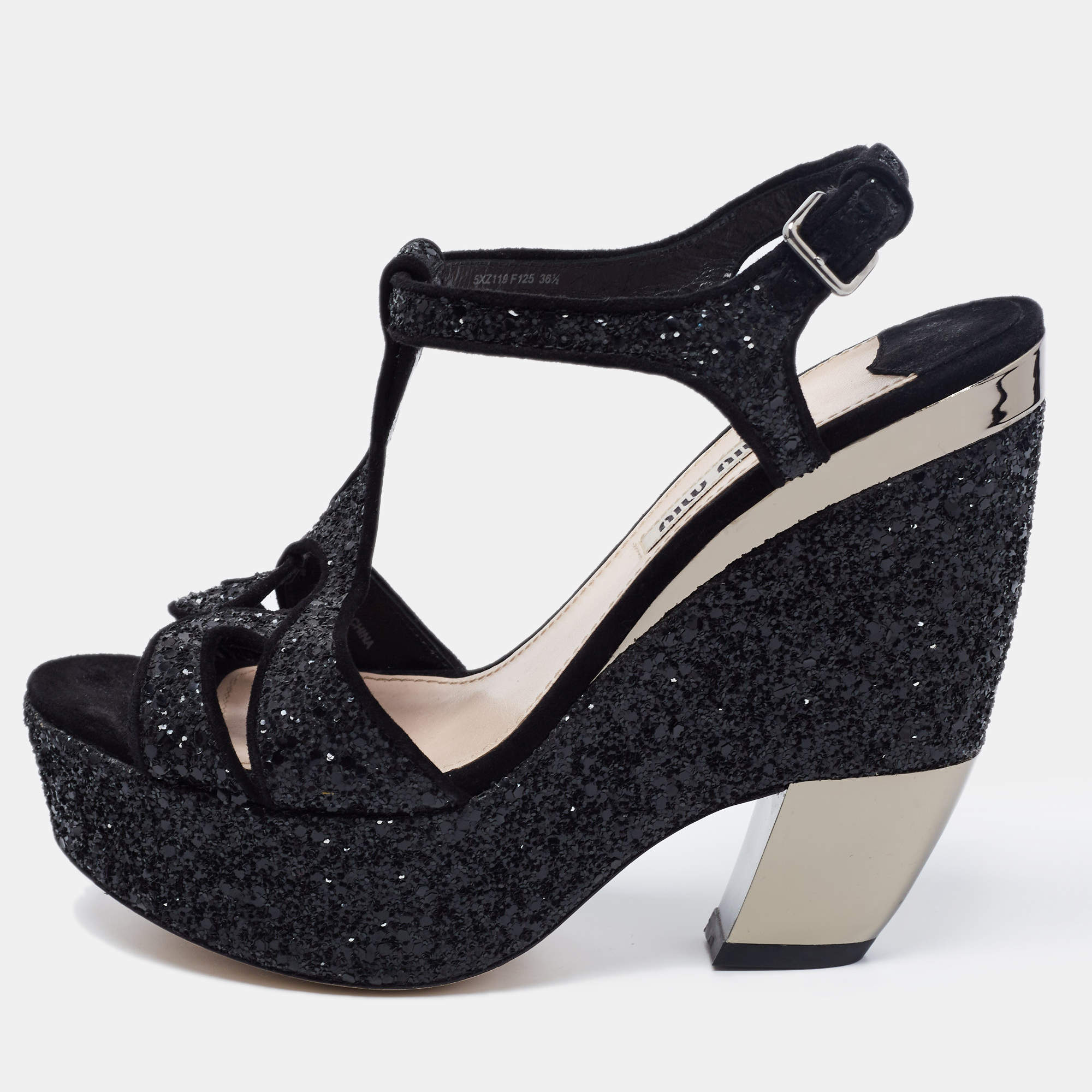 Pre Owned Miu Miu Black Coarse Glitter Curved Heel Platform Ankle Strap Sandals Size 36.5