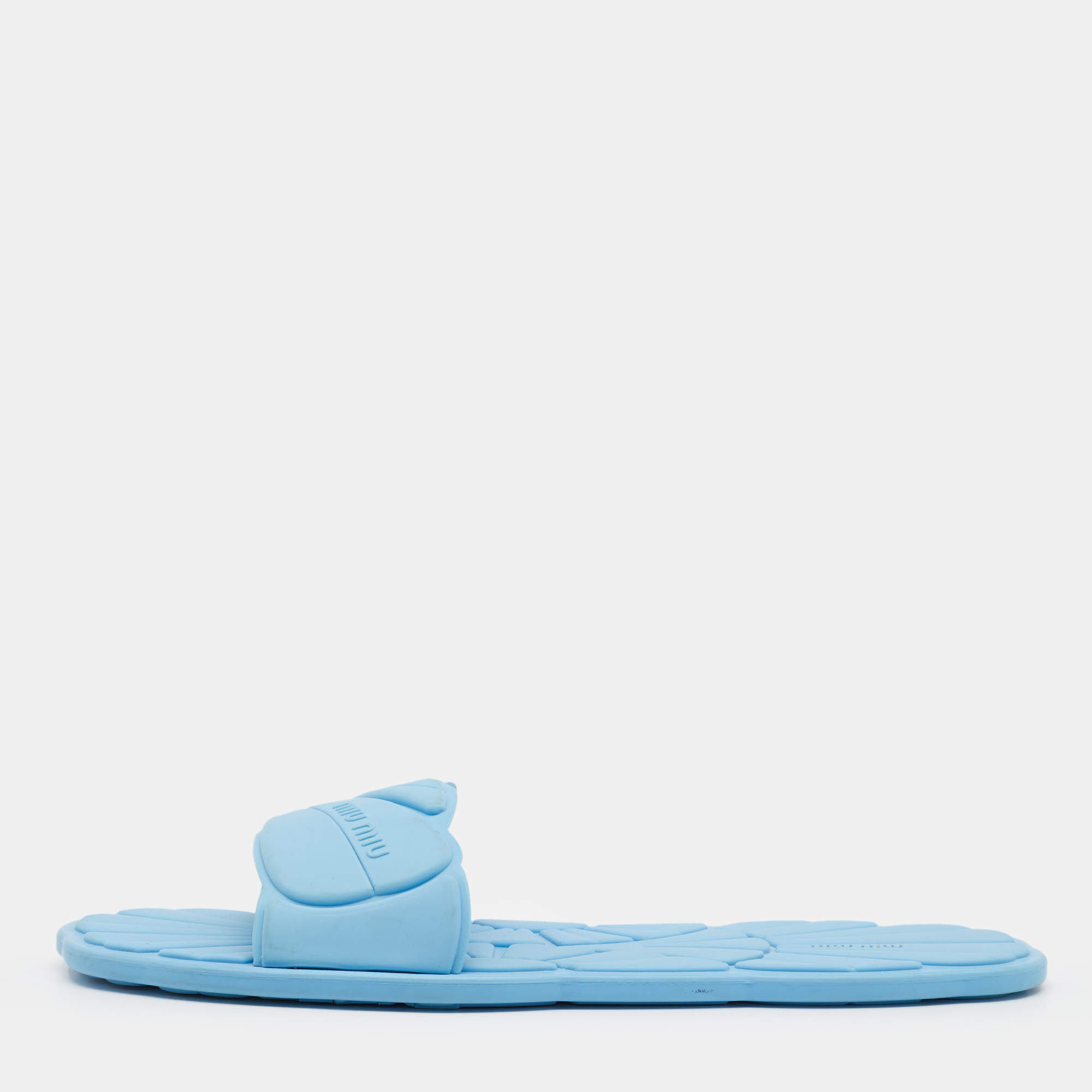 Pre Owned Miu Miu Light Blue Rubber Wavy Slippers Size 38