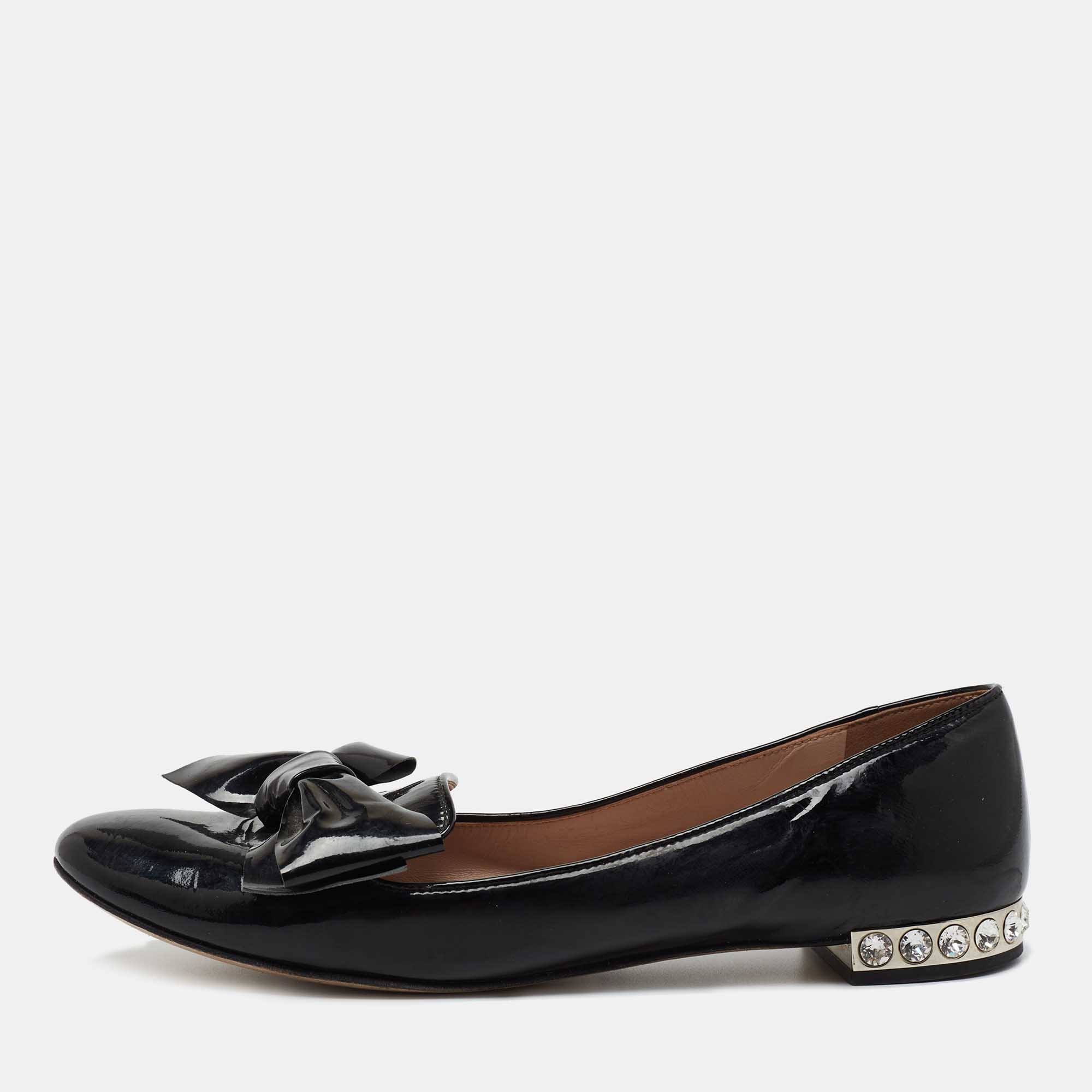 Pre Owned Miu Miu Black Patent Leather Bow Smoking Slippers Size 38.5