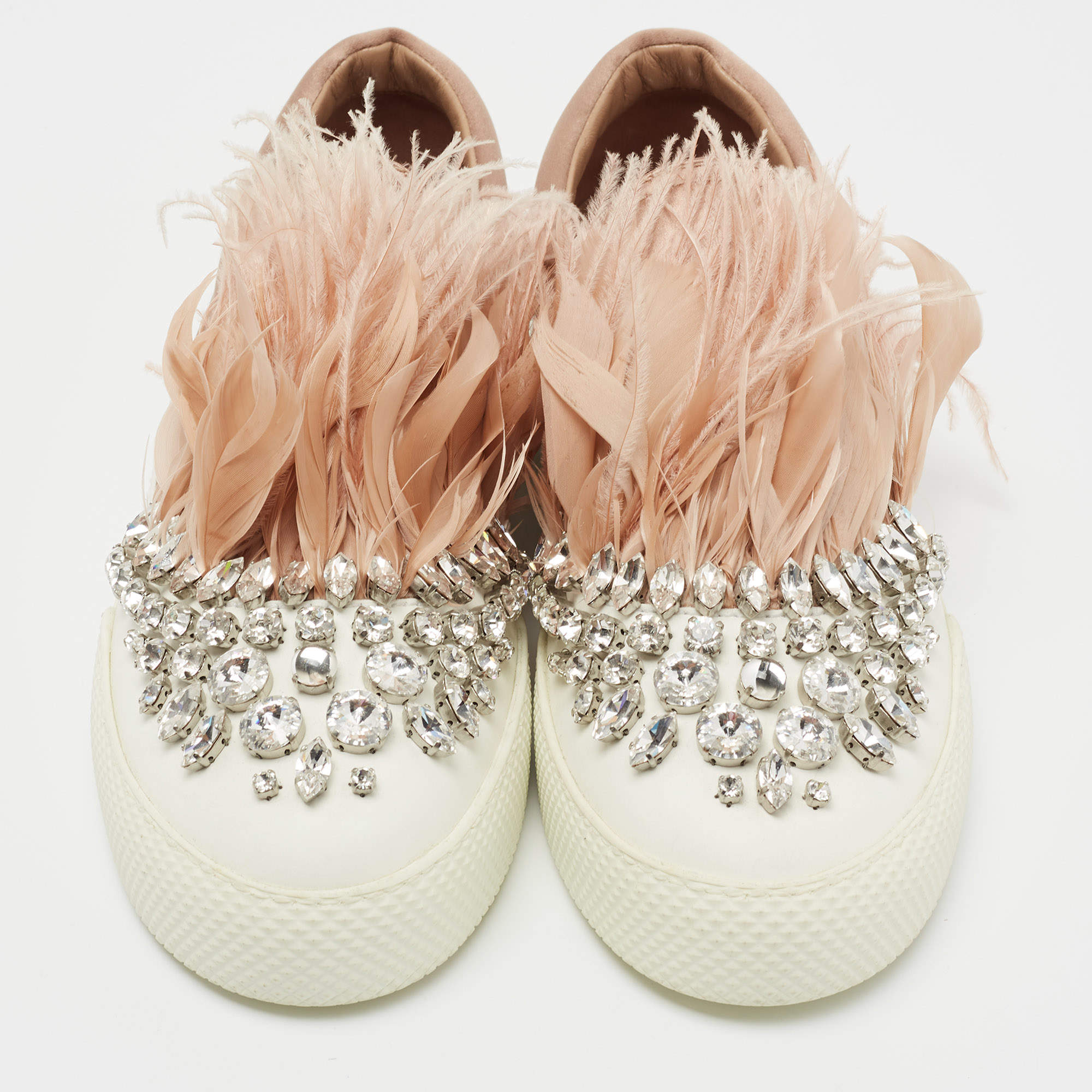 Miu Miu Beige/White Satin and Feather Crystal Embellished Slip On 