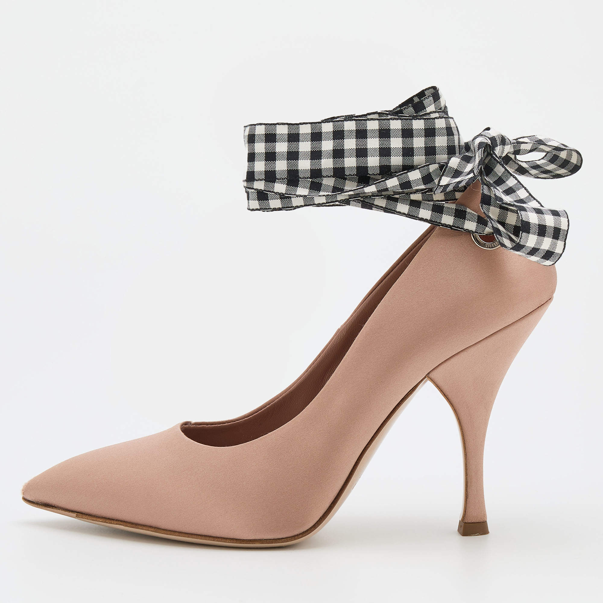 Pre Owned Miu Miu Beige Satin Ankle Wrap Pointed Toe Pumps Size 37