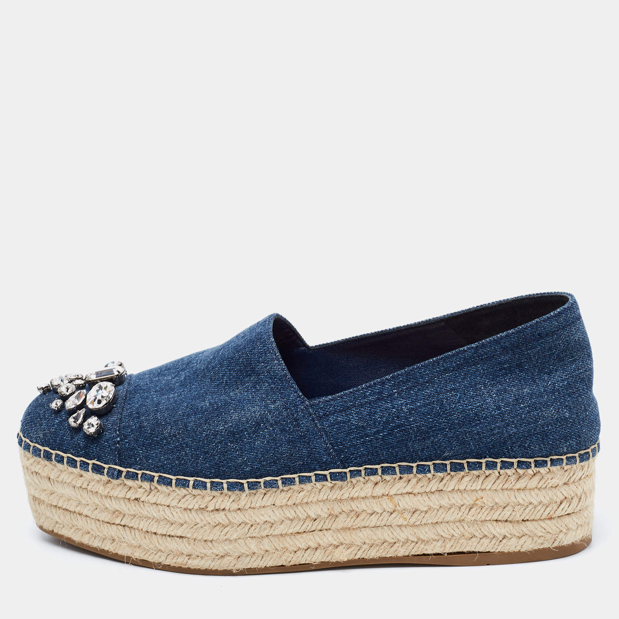 Pre Owned Miu Miu Blue Demin Platform Espadrille Flats Size 40