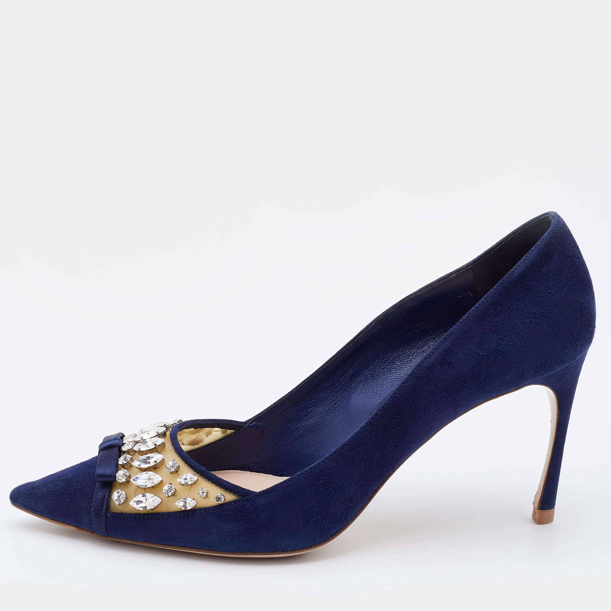Pre Owned Miu Miu Navy Blue Suede Crystal Embellished Pointed Toe Pumps Size 39.5
