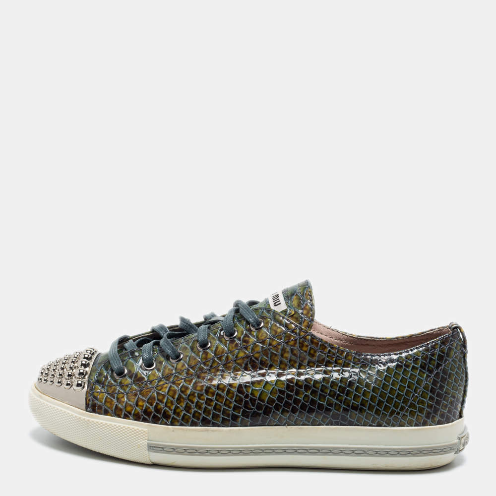 ミミ Miu Miu Silver Leather T Strap Crystal Embellished Heel