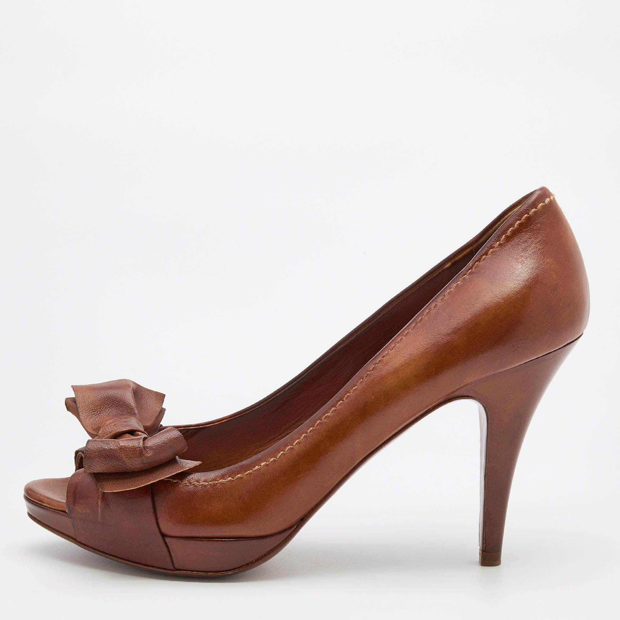 Pre Owned Miu Miu Dark Brown Leather Bow Peep Toe Pumps Size 38