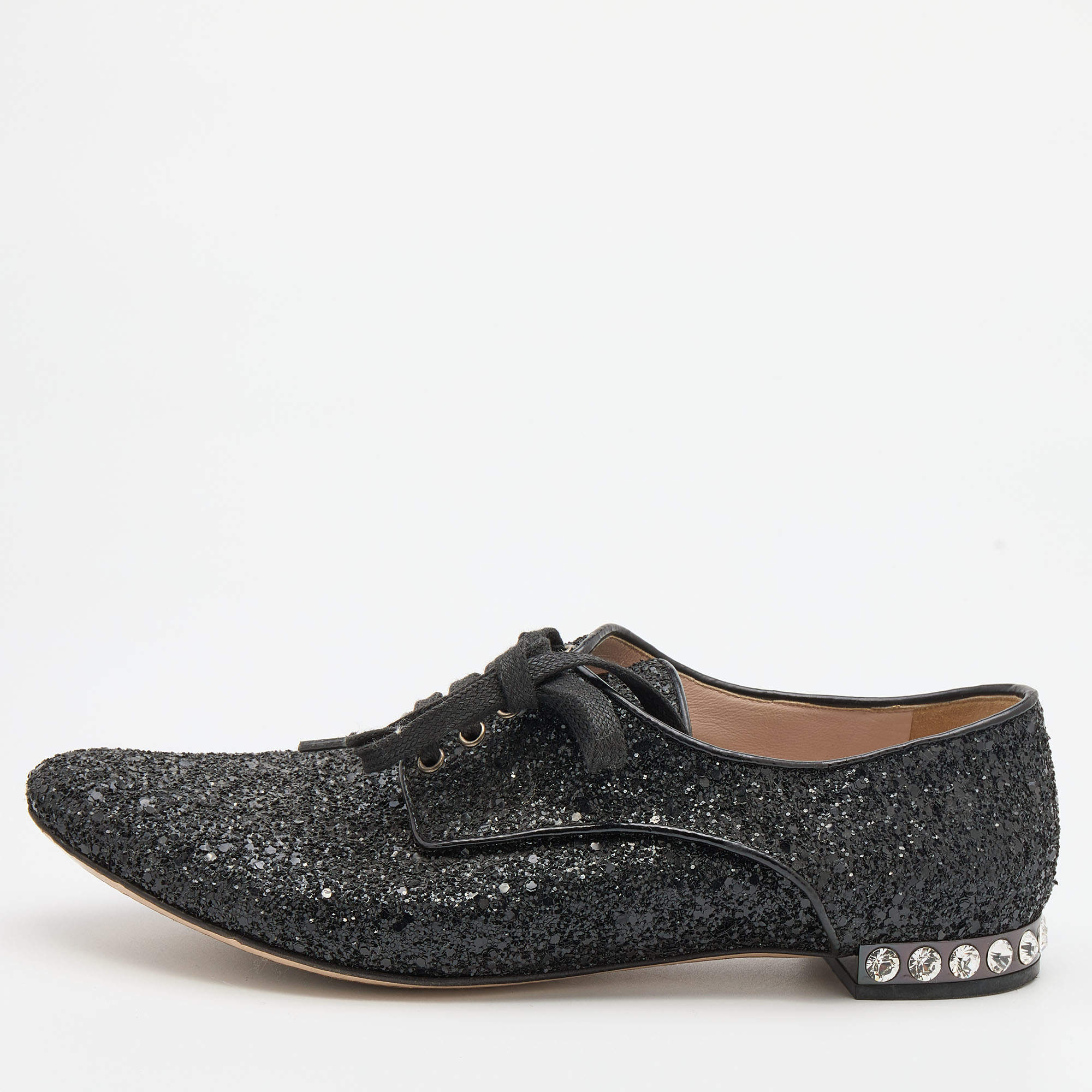 Miu Miu Black Glitter Crystal Embellished Heels Lace Up Derby Size 38