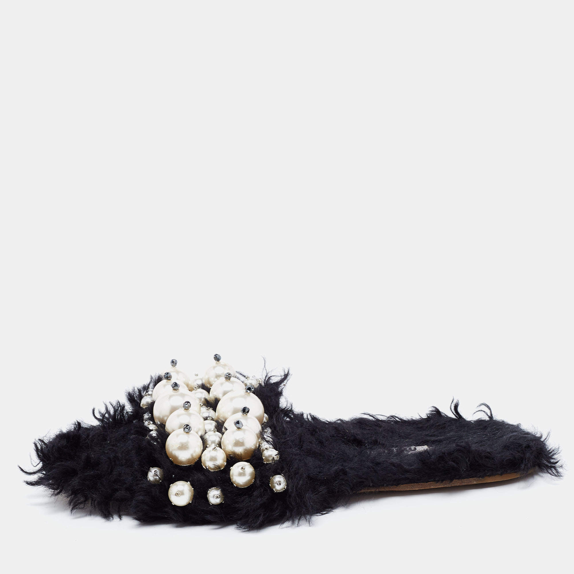 Miu Miu Black Faux Fur Pearl Embellished Slide Flats Size 38