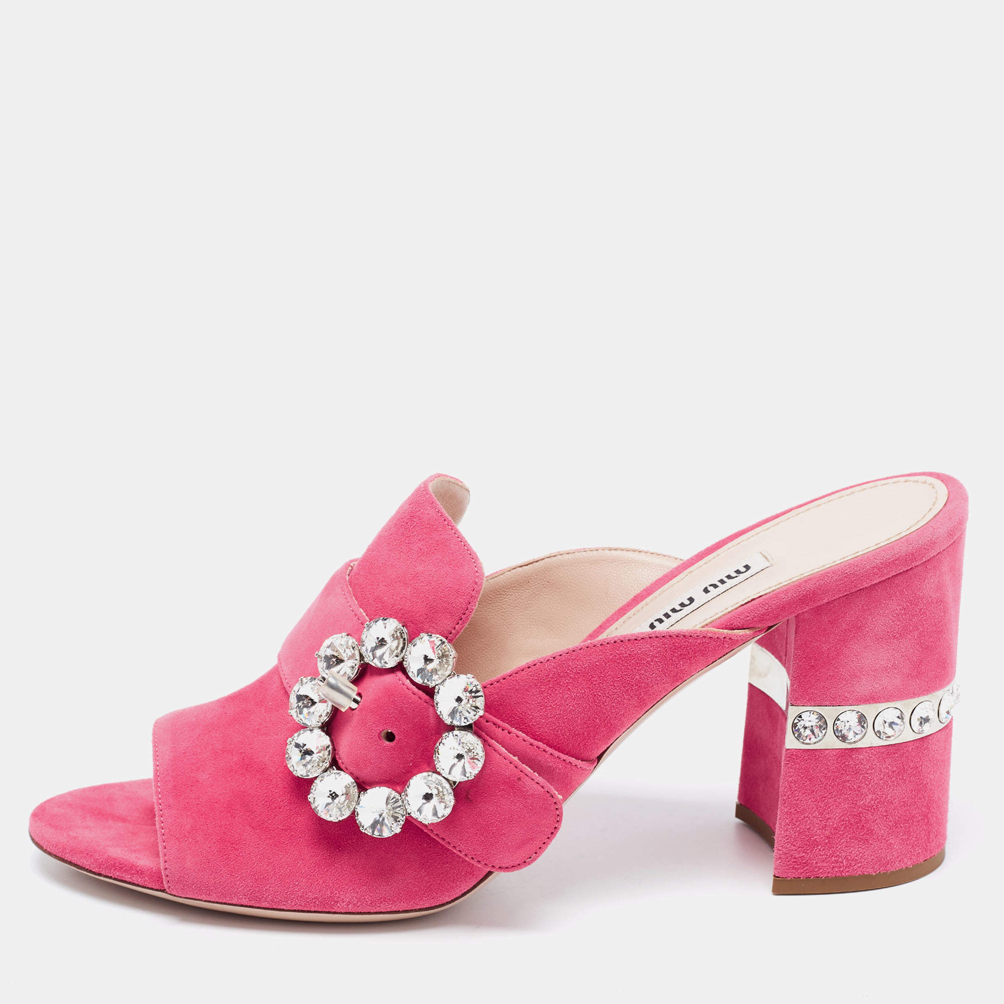 Miu Miu Pink Suede Crystals Embellished Slide Sandals Size 37