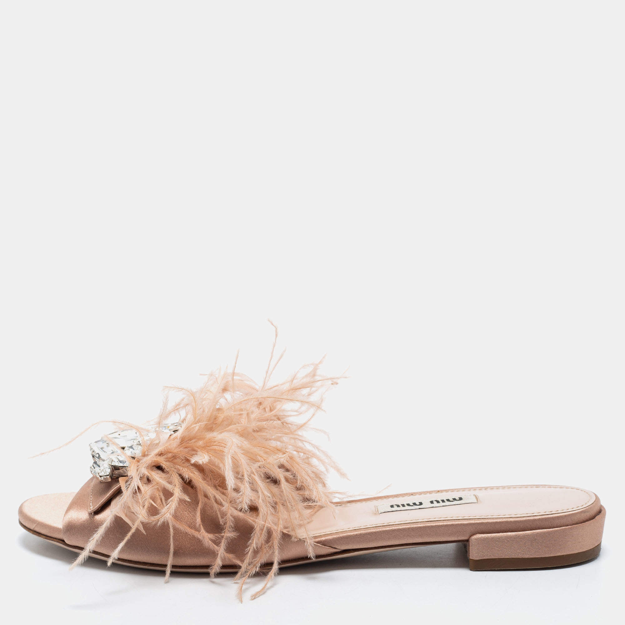 مملوكة مسبقًا Miu Miu Pink Satin and Feather Crystal Embellished Flat Slides Size 37