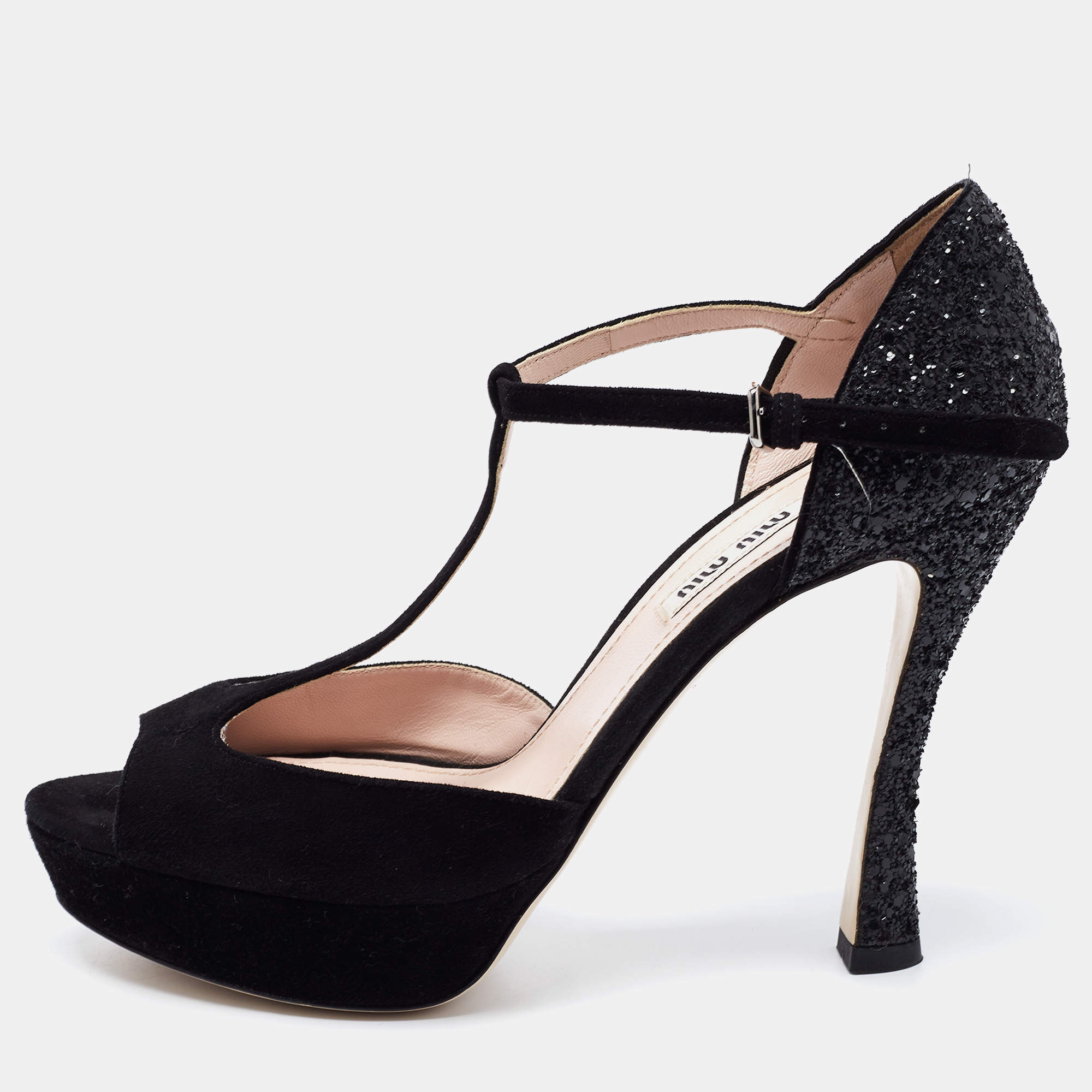 Pre Owned Miu Miu Black Suede and Coarse Glitter Open Toe Platform T-Strap Sandals Size 38.5
