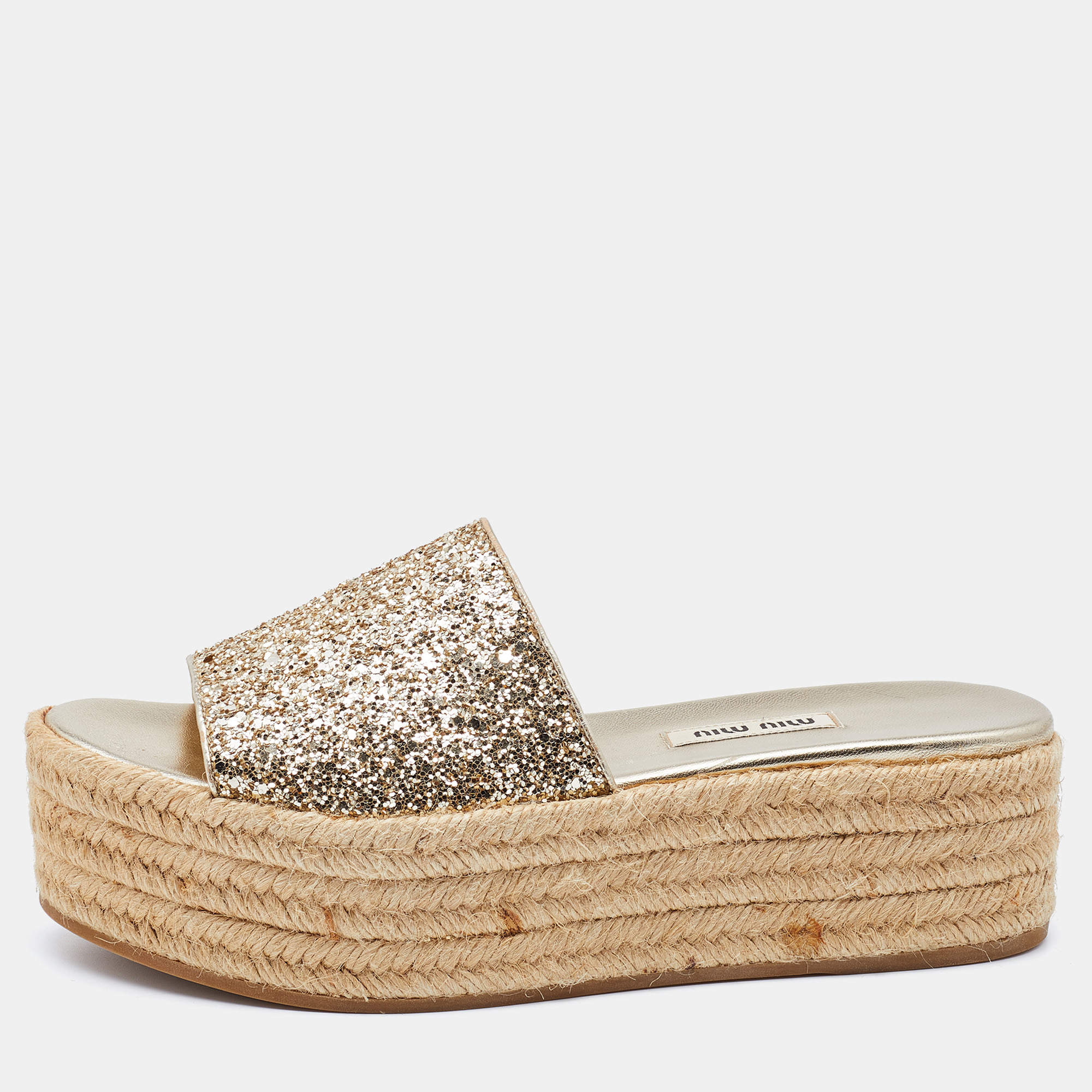 Miu Miu Gold Glitter Platform Espadrille Slides Size 37