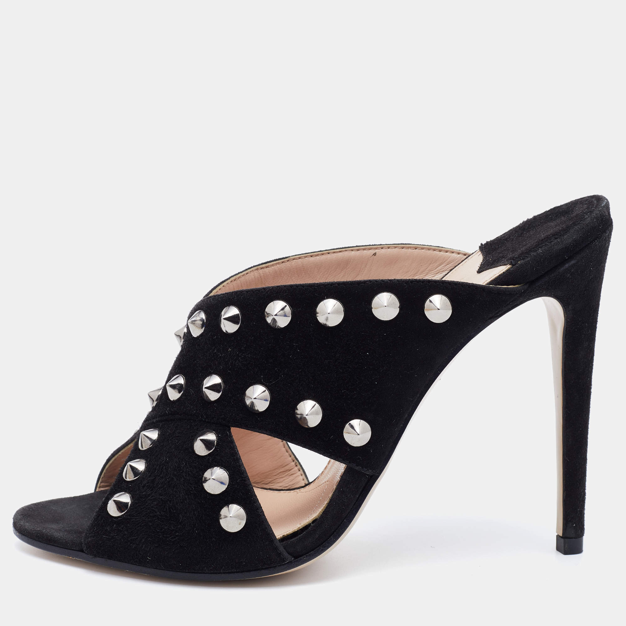 Miu Miu Black Suede Criss Cross Studded Sandals Size 38