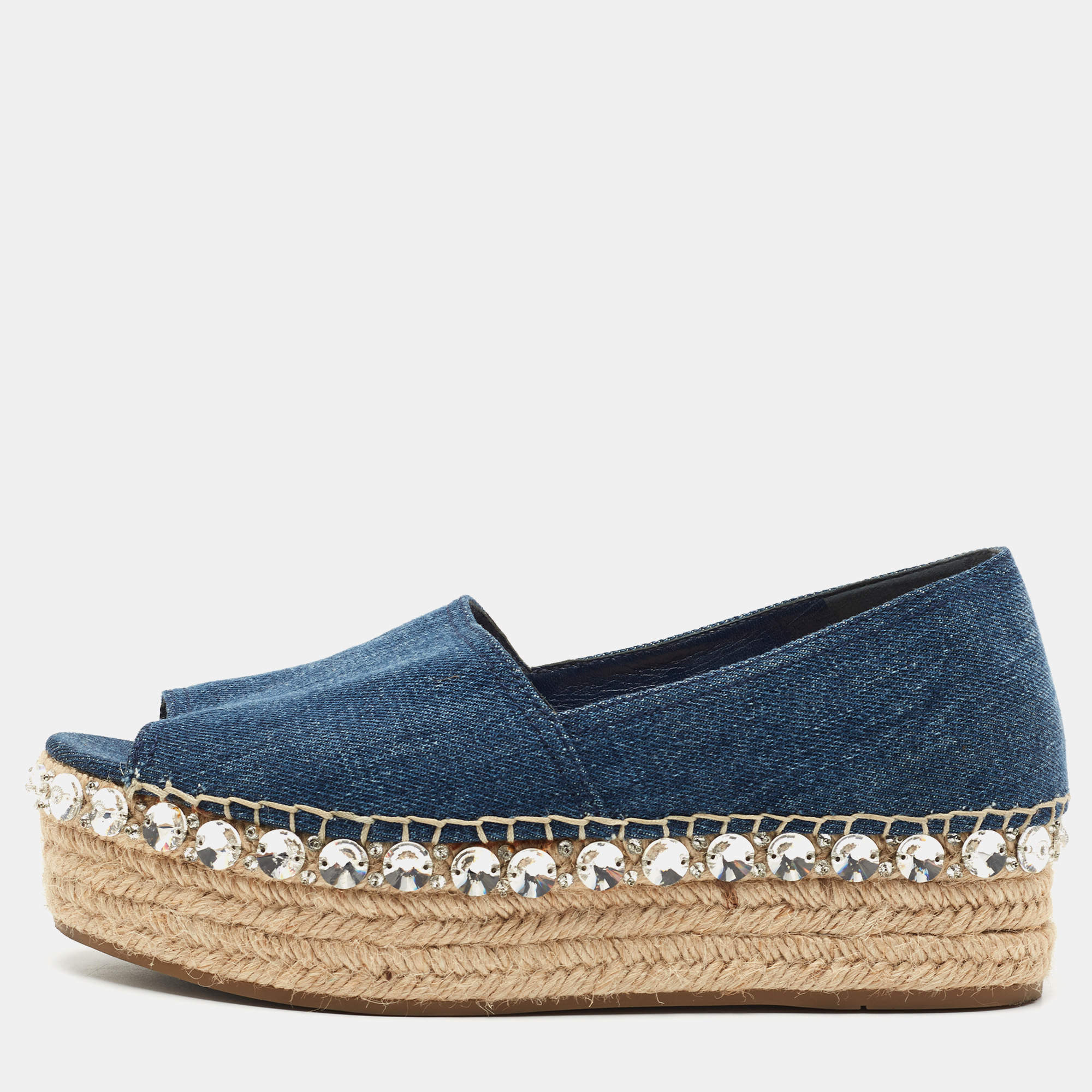 Pre Owned Miu Miu Blue Denim Crystal Embellished Peep Toe Platform Espadrilles Size 39