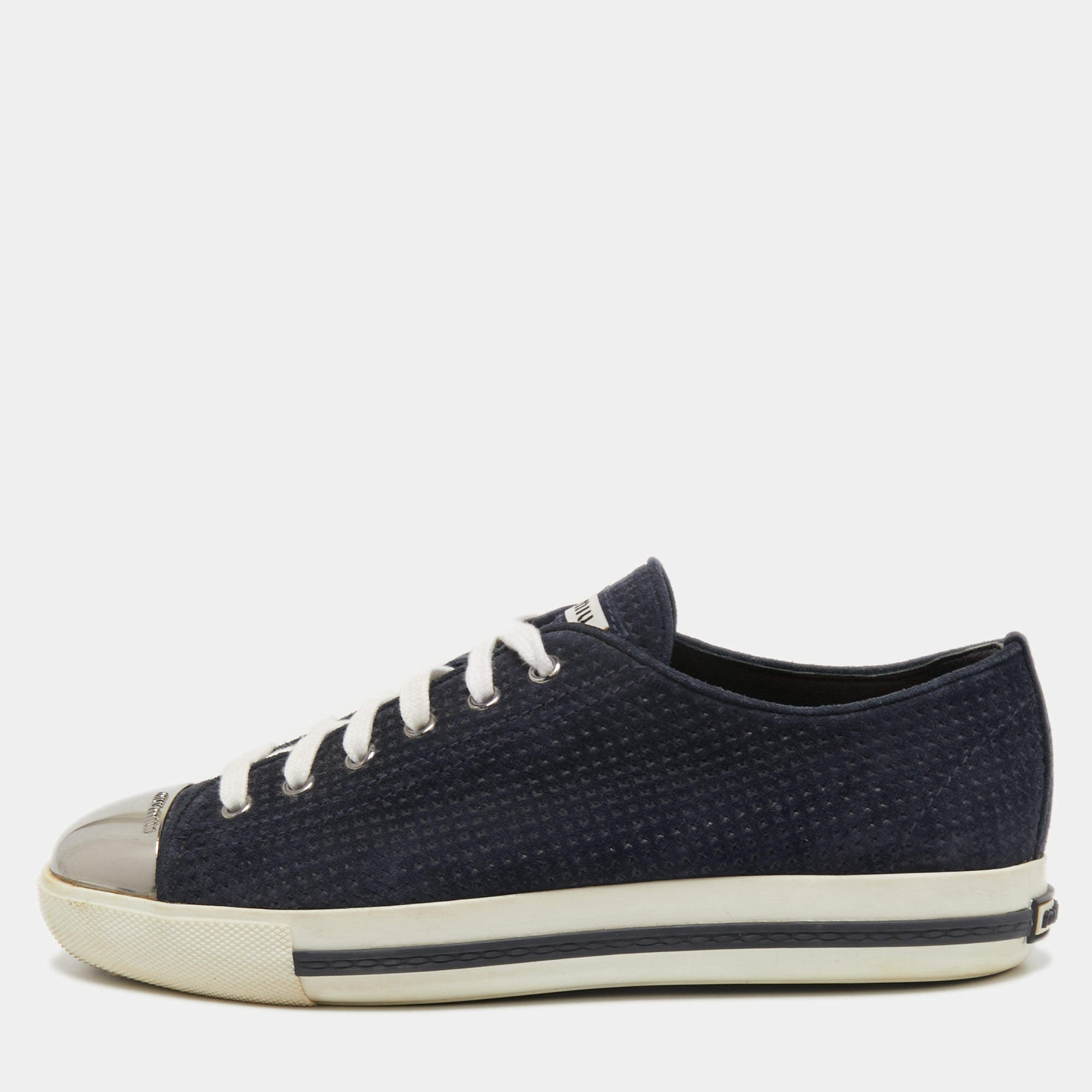 Pre Owned Miu Miu Navy Blue Perforated Suede and Metal Cap Toe Low Top Sneakers Size 39.5
