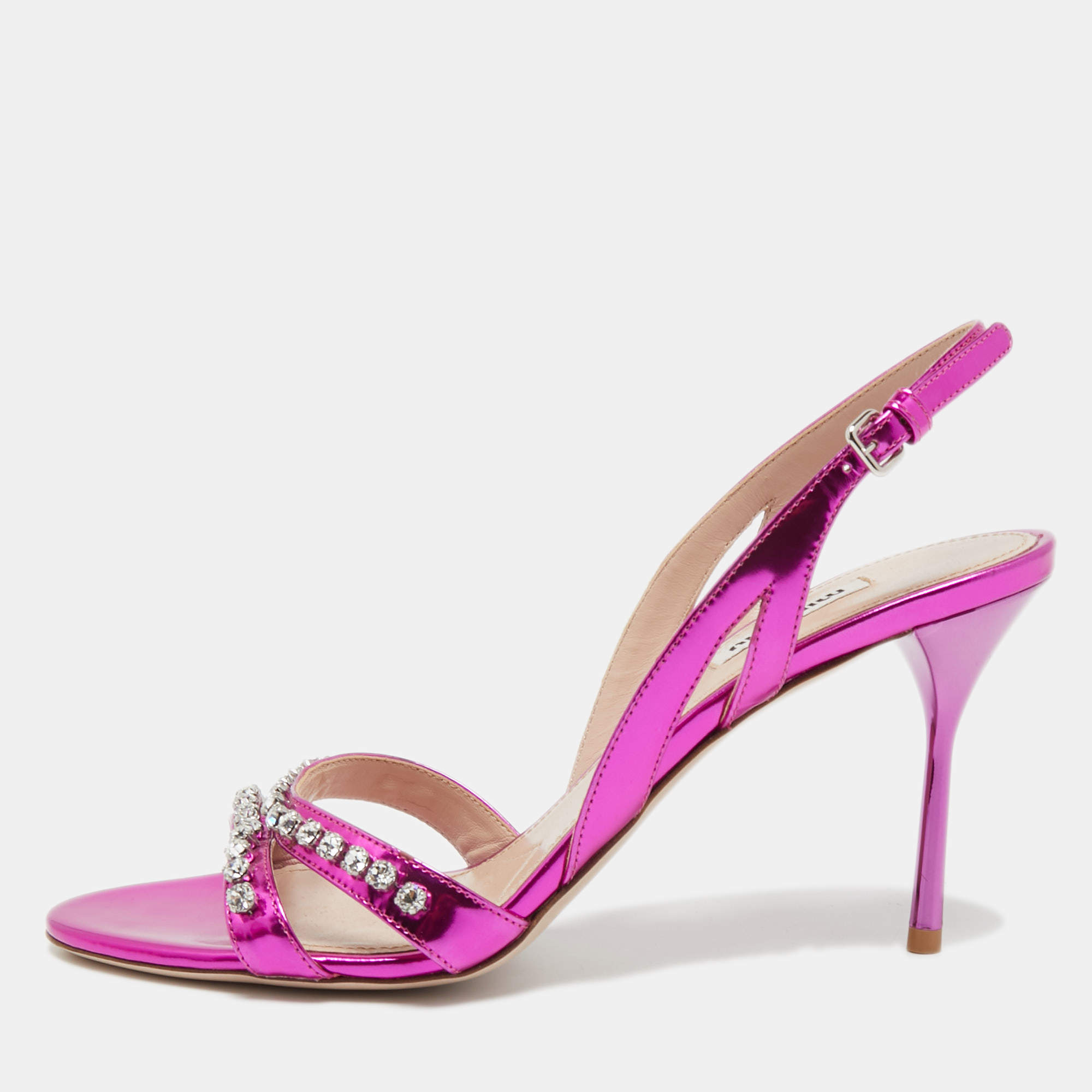Miu Miu Magenta Pink Laminated Leather Crystals Embellished Sandals Size 41