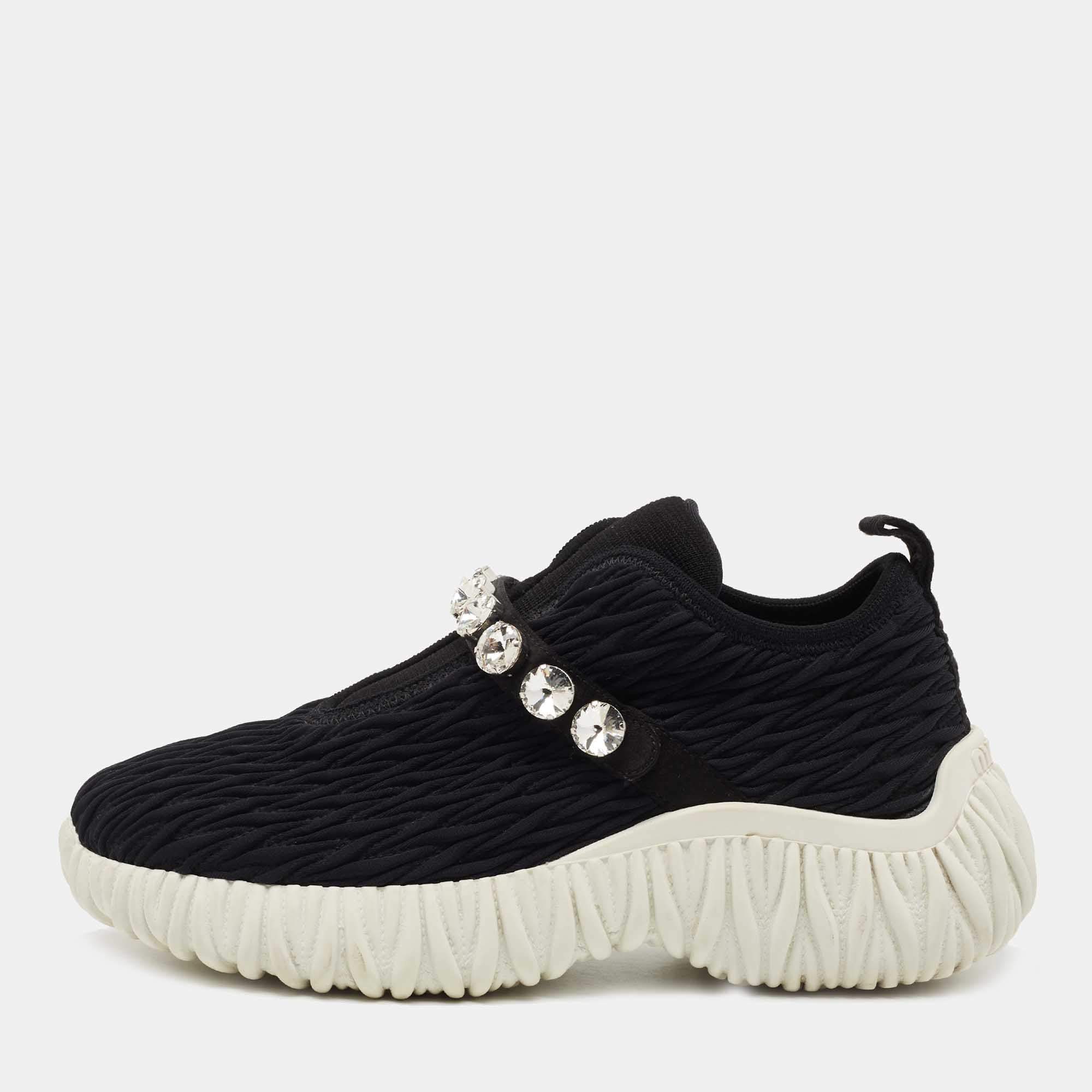 Pre Owned Miu Miu Black Nylon Crystal Embellished Low Top Sneakers 36