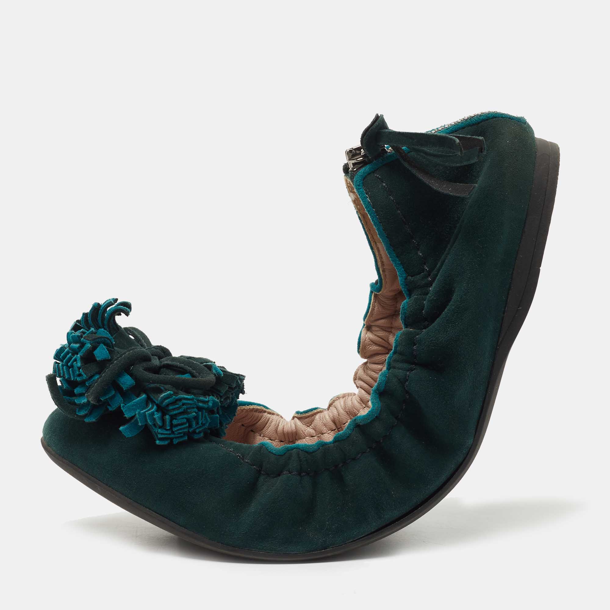 Miu Miu Dark Green Suede Fringe Bow Scrunch Ballet Flats Size 38