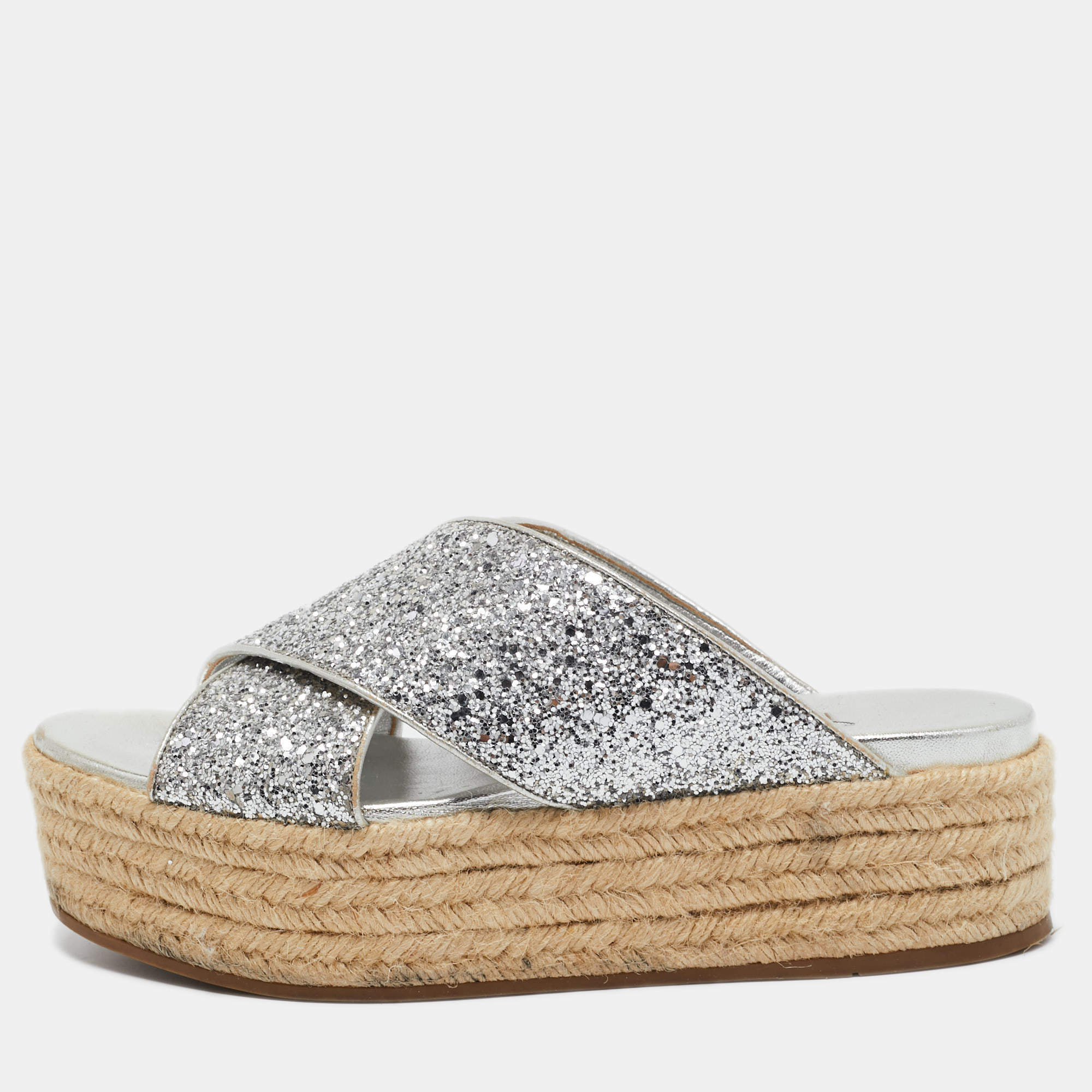 Miu Miu Silver Glitter and Leather Cross Strap Espadrille Wedge Sandals Size 38.5