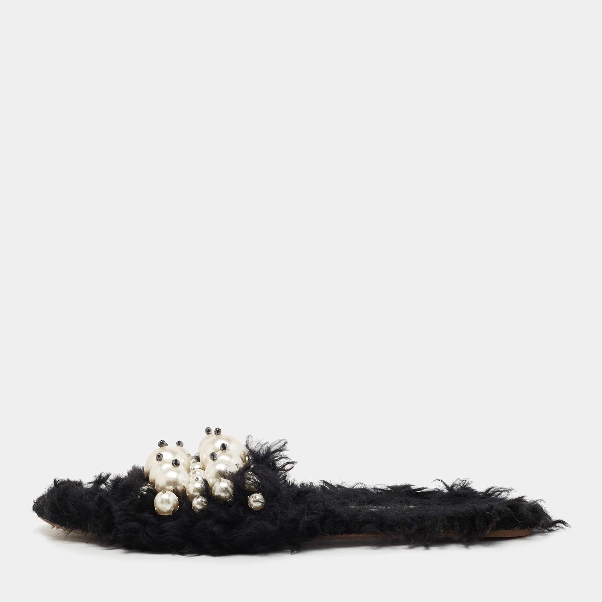 Pre Owned Miu Miu Black Fur Pearl Embellished Flat Slides Size 39