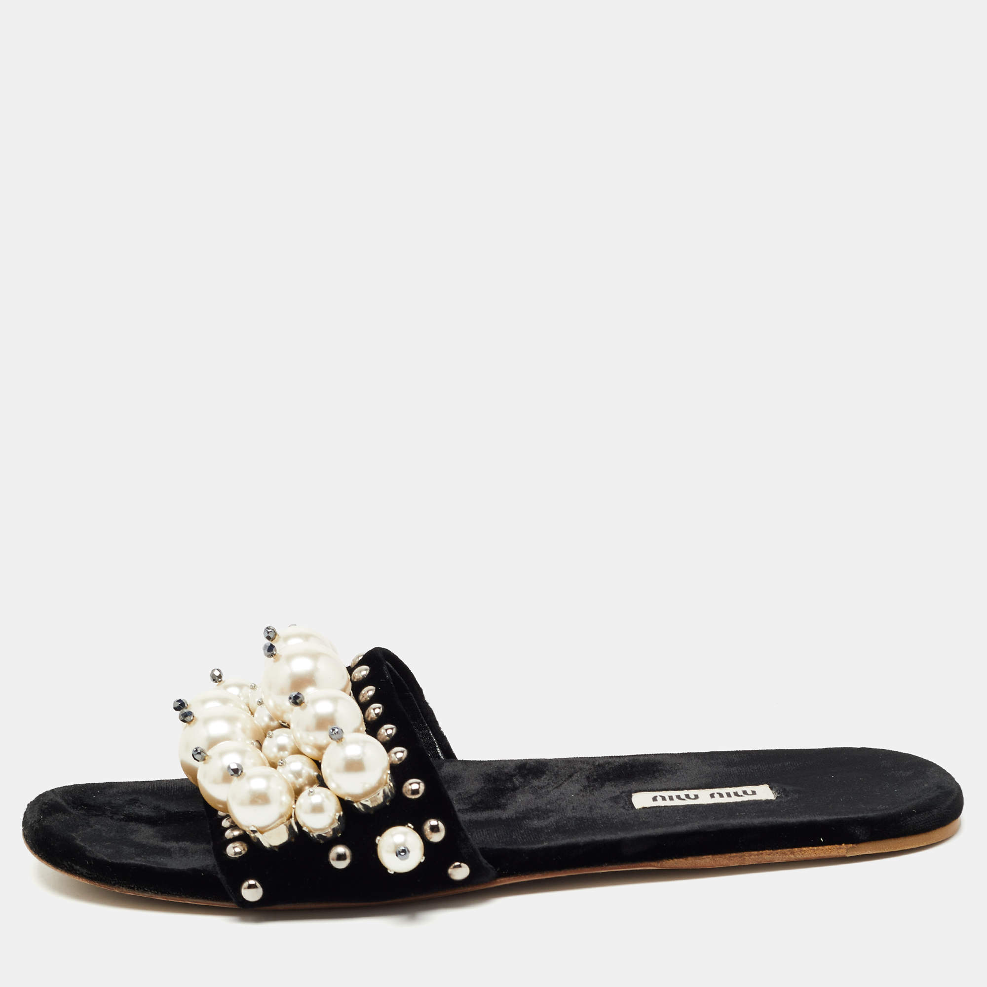 Miu Miu Black Velvet Faux Pearl Embellished Flat Slides Size 39