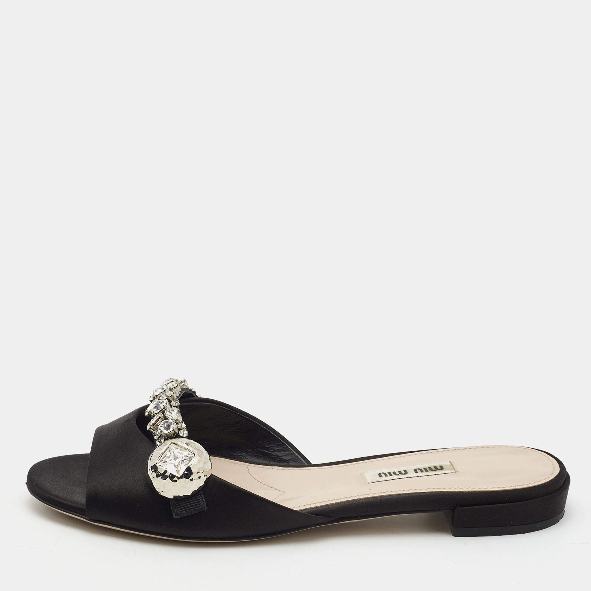 Miu Miu Black Satin Crystal Embellished Flat Slides Size 37