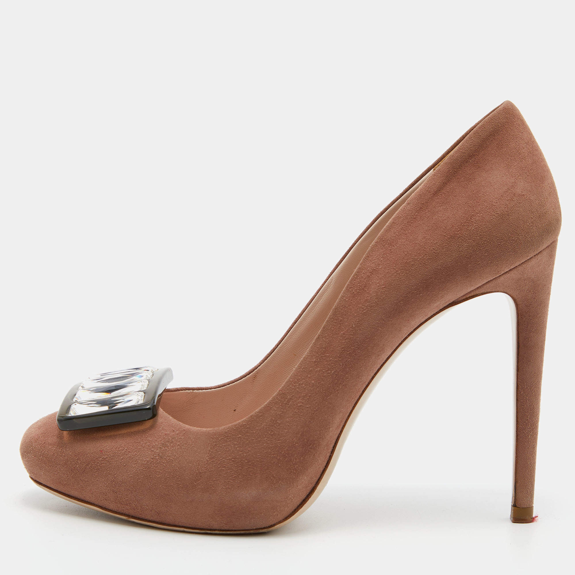 Miu Miu Pink Suede Crystal Embellished Platform Pumps Size 37