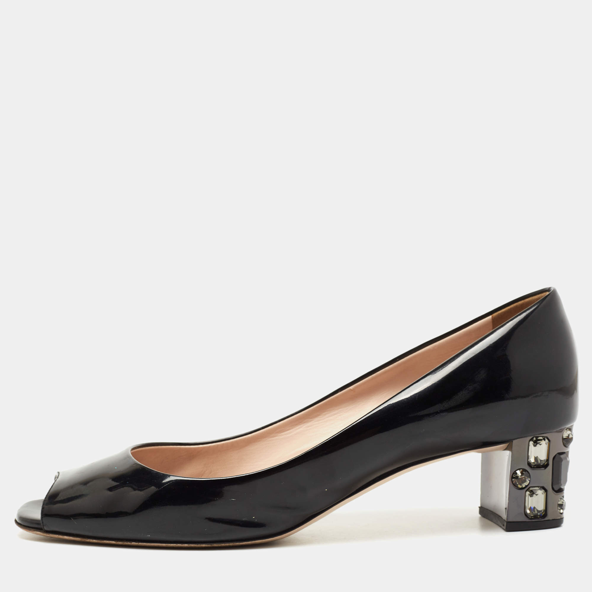 Miu Miu Black Patent Leather Block Heel Peep Toe Pumps Size 41.5