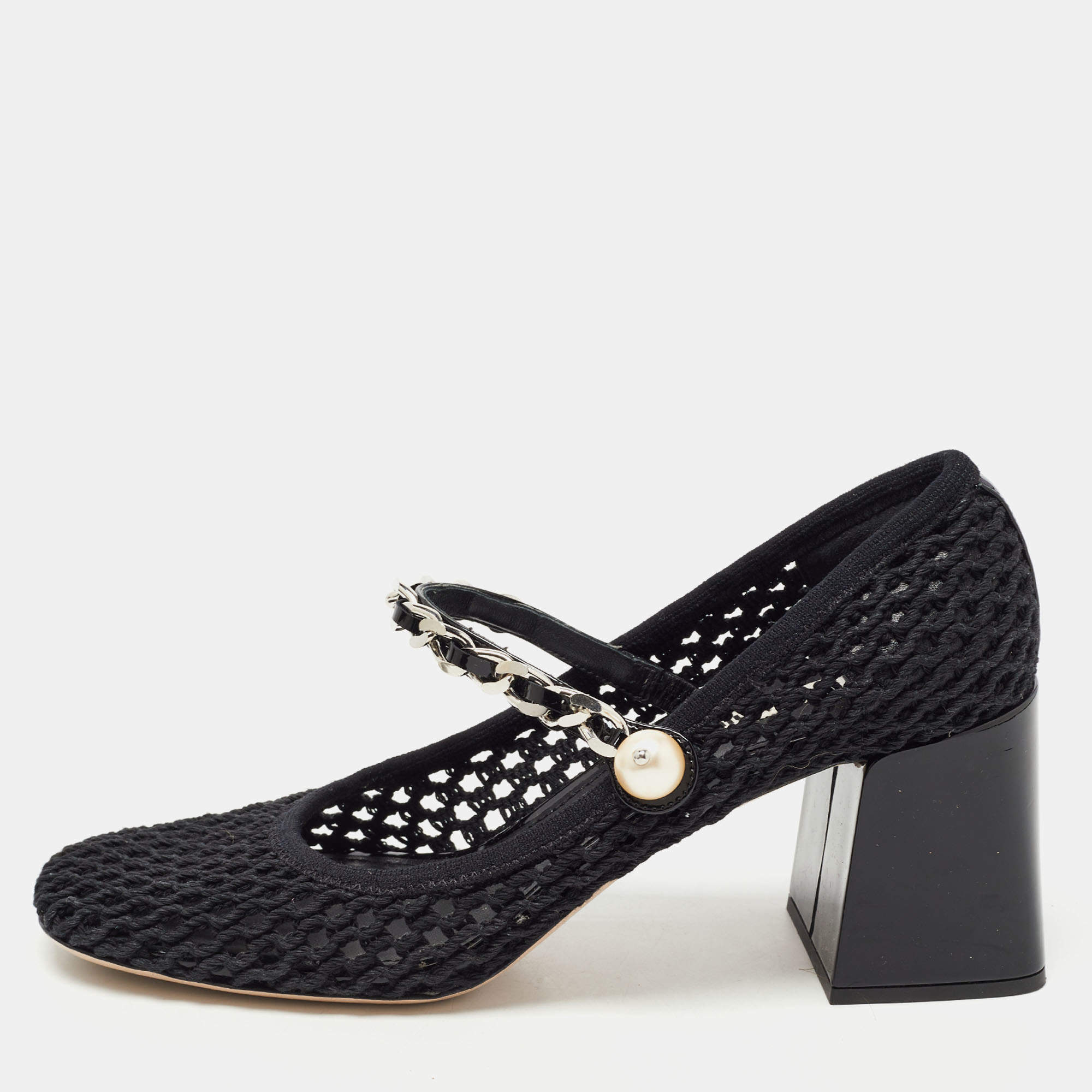 Miu Miu Black Mesh and Patent Block Heel Pumps Size 39