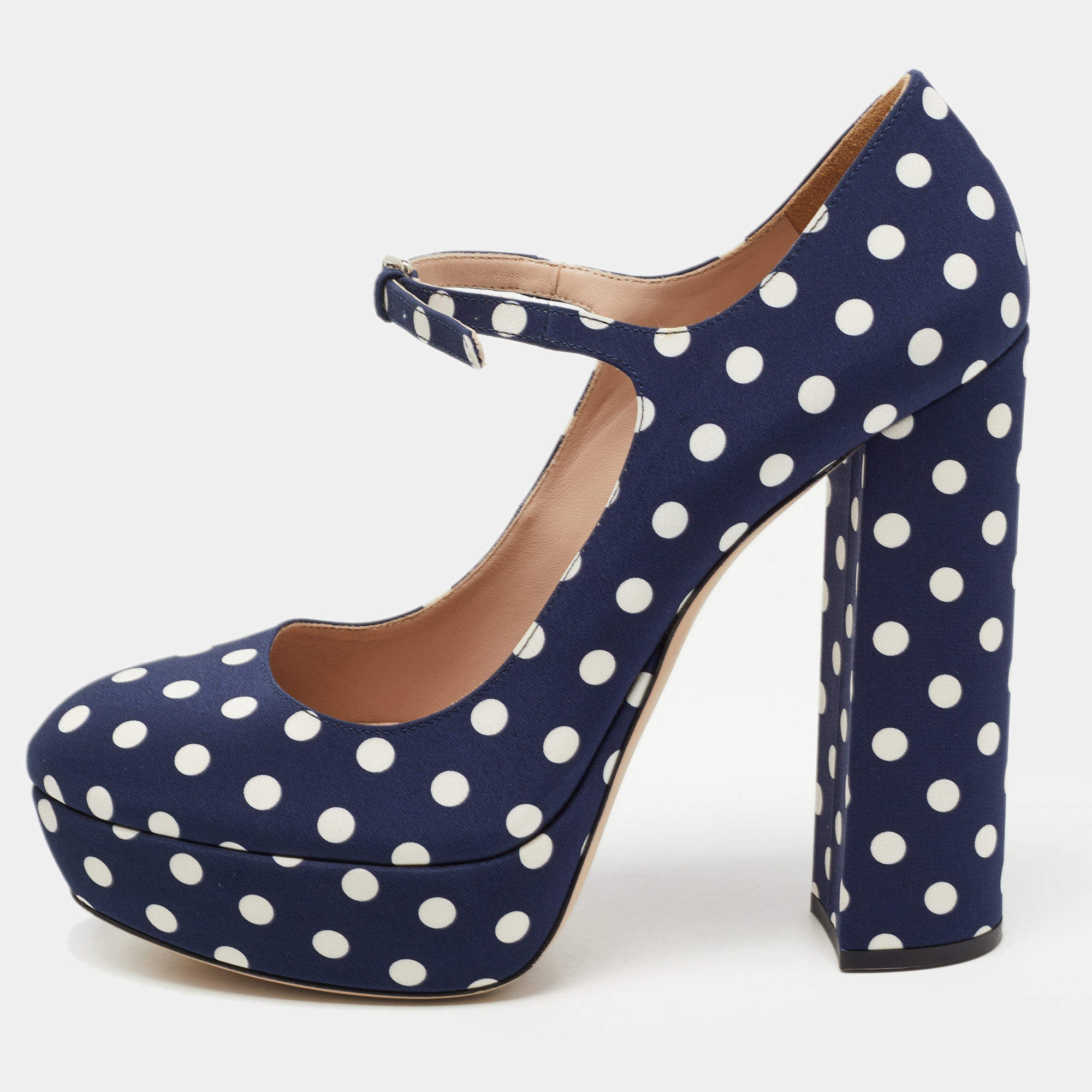 Pre Owned Miu Miu Navy Blue/White Canvas Polka Dot Platform Pumps Size 39.5