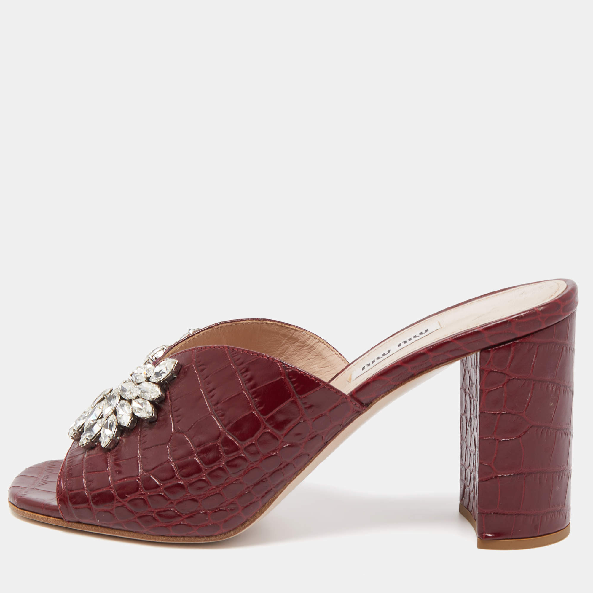 Pre Owned Miu Miu Burgundy Croc Embossed Leather Crystal Slides  Size 39