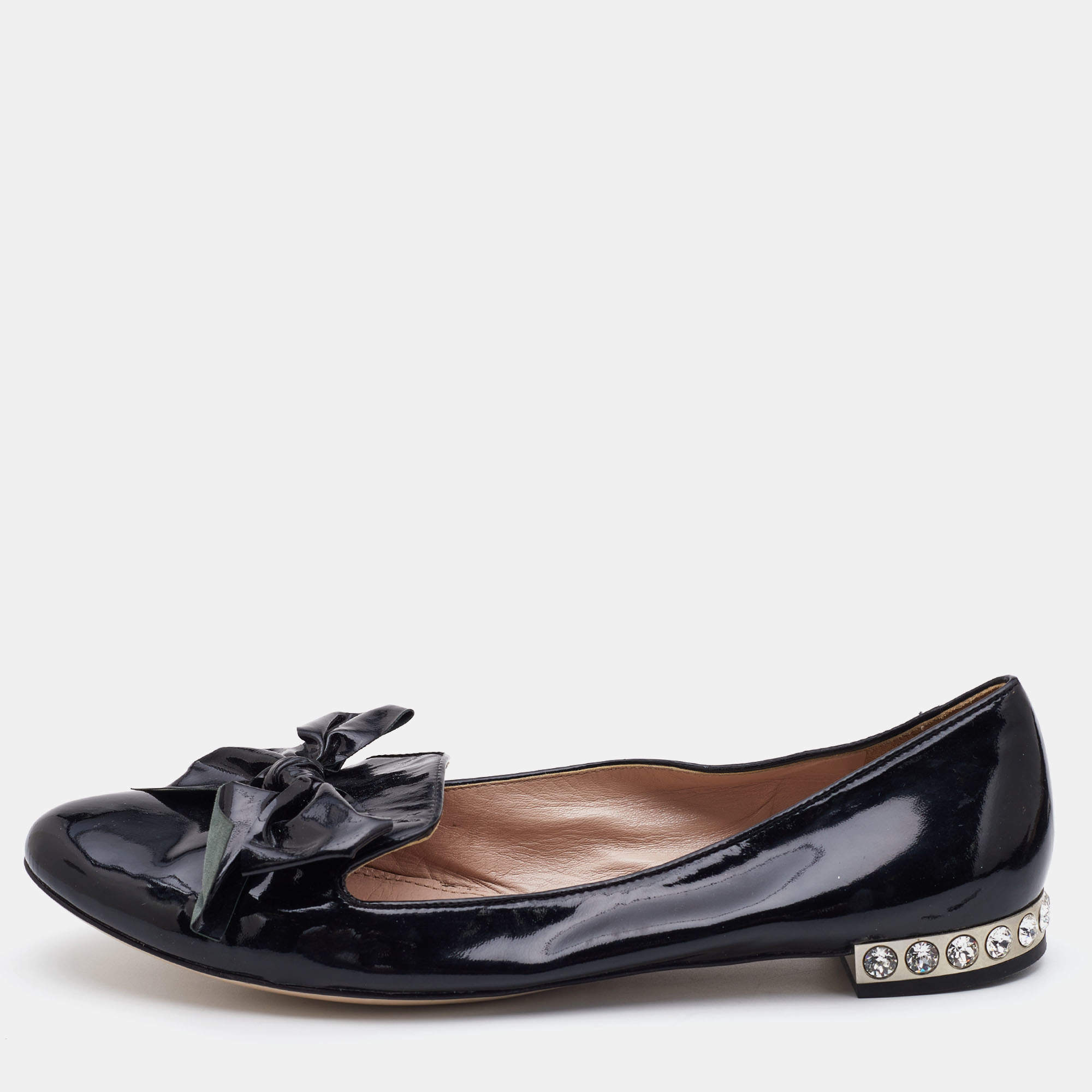 Miu Miu Black Patent Leather Bow Crystal Embellished Ballet Flats Size 40.5 Miu  Miu