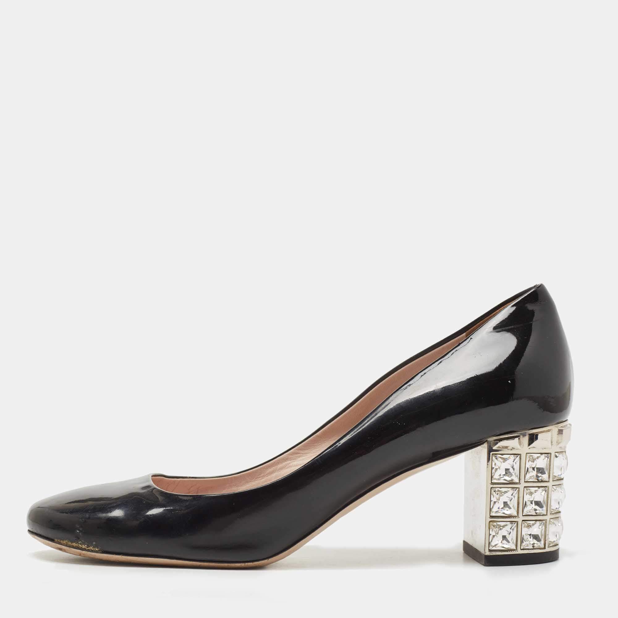 Pre Owned Miu Miu Black Patent Leather Crystal Embellished Heel Pumps Size 39