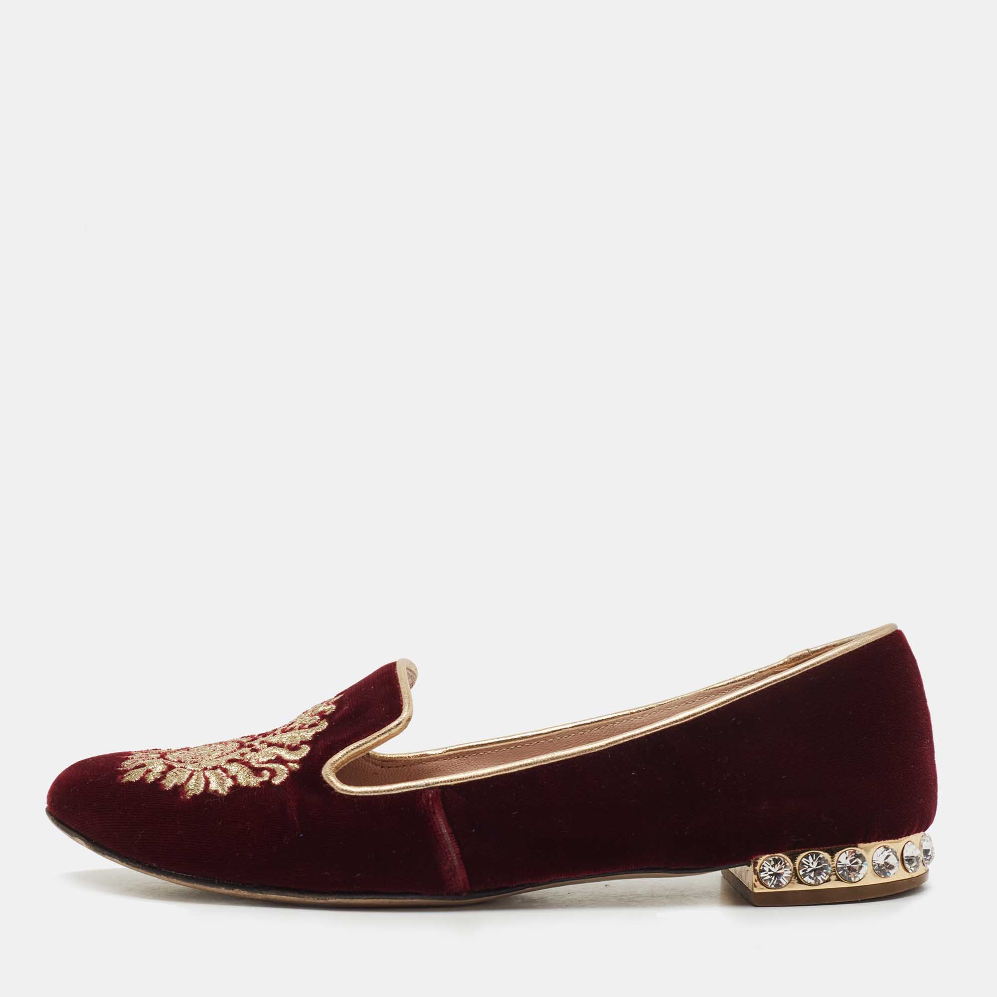Pre Owned Miu Miu Burgundy Velvet Crest Embroidered Smoking Slippers Size 35.5