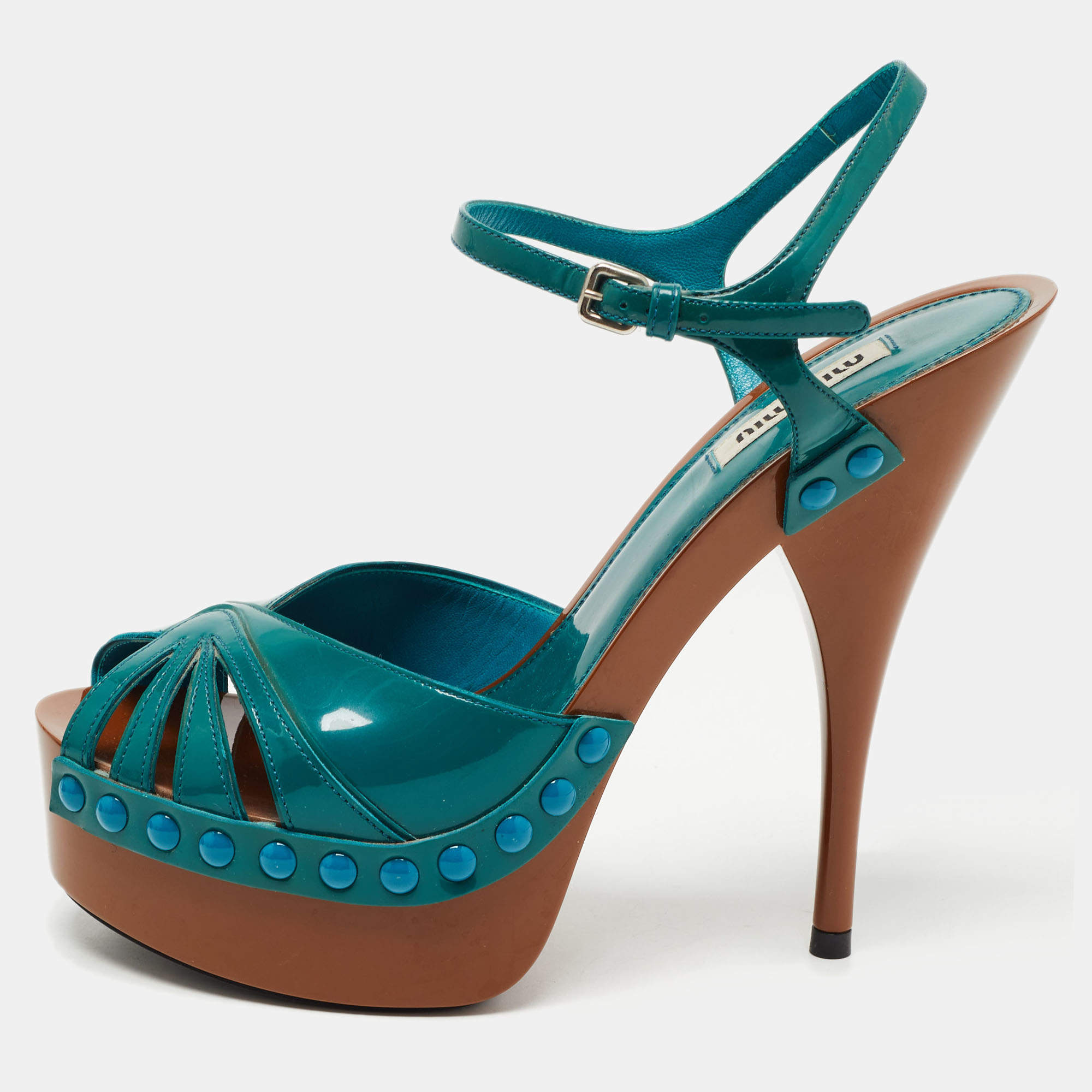 Pre Owned Miu Miu Teal Patent Leather Studded Platform Ankle Strap Sandals Size 37