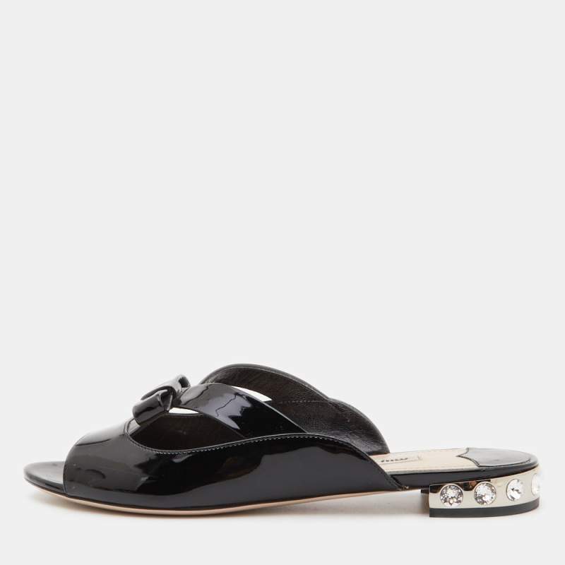 Miu Miu Black Patent Leather Crystal Embellished Flat Slides Size 40